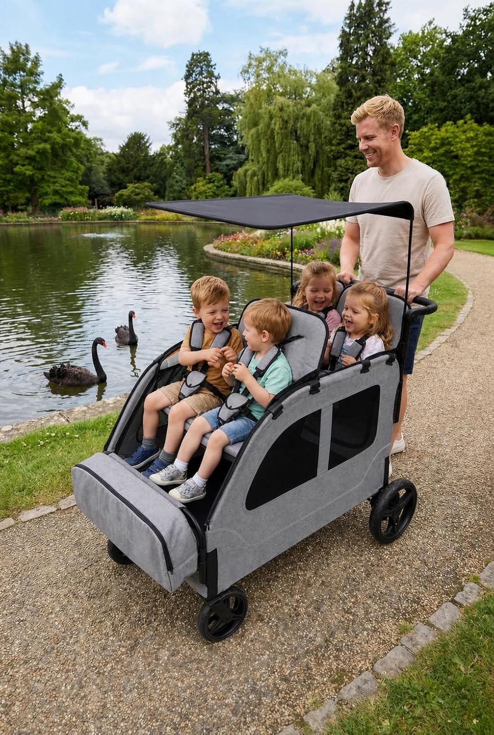 Car-Shaped Large 4 Seater Stroller Wagon for 2 3 Kids Toddler Child Foldable All-Terrain Triple Quad Wagon with Removable Canopy, 5-Point Harness, Storage Bag Shopping Outdoor Light Grey