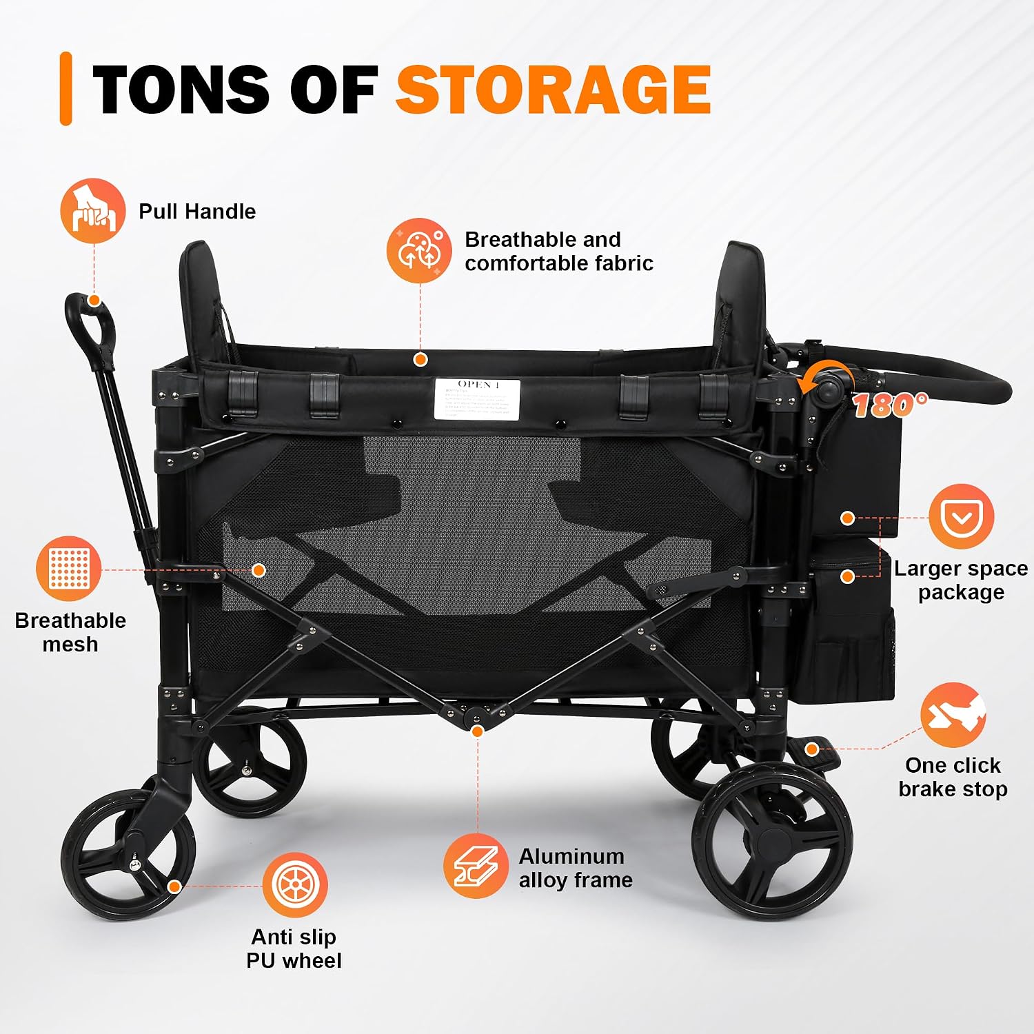 Wagon Stroller for 2 Kids, High Seat & 5 Point Harness, Foldable All-Terrain Wagon for Toddler with Canopy, Parent Organizer, Shoulder Bag, Adjustable Handlebar, Ultimate Double (Black, W2-M)