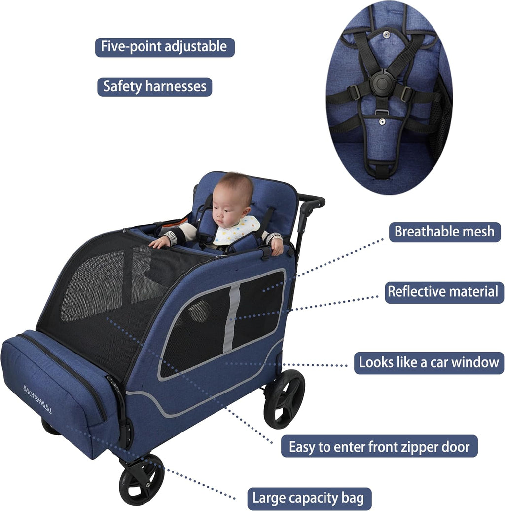 Car-Shaped Large 4 Seater Stroller Wagon for 2 3 Kids Toddler Child Foldable All-Terrain Triple Quad Wagon with Removable Canopy, 5-Point Harness, Storage Bag Shopping Outdoor Blue