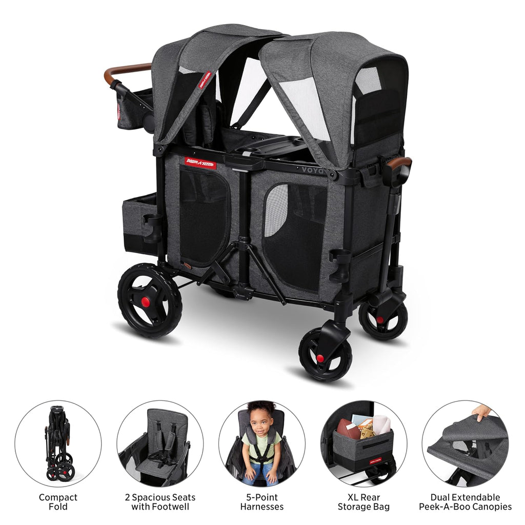 Radio Flyer Voya Stroller Wagon, for Ages 6+ Months, Extra Tall Sides, Push or Pull, 2 Seats, Dual Sun Canopies, Compact Fold, Lightweight, Storage Space, 5-Point Harnesses, Stroller Wagon for Kids
