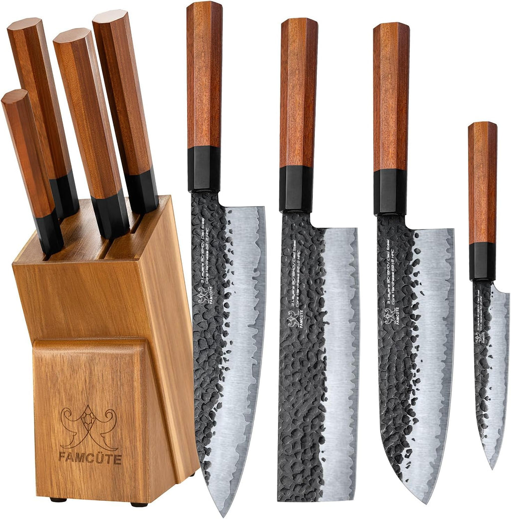 FAMCüTE Japanese Knife Block Set, Hand Forged 5-Layer 9CR18MOV Clad Steel Ultra Sharp Kitchen Knives with Wooden Storage & Rosewood Handle, Includes Chef, Santoku, Nakiri, Fruit Knife for Home Mom/Dad
