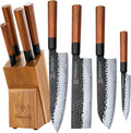 FAMCüTE Japanese Knife Block Set, Hand Forged 5-Layer 9CR18MOV Clad Steel Ultra Sharp Kitchen Knives with Wooden Storage & Rosewood Handle, Includes Chef, Santoku, Nakiri, Fruit Knife for Home Mom/Dad