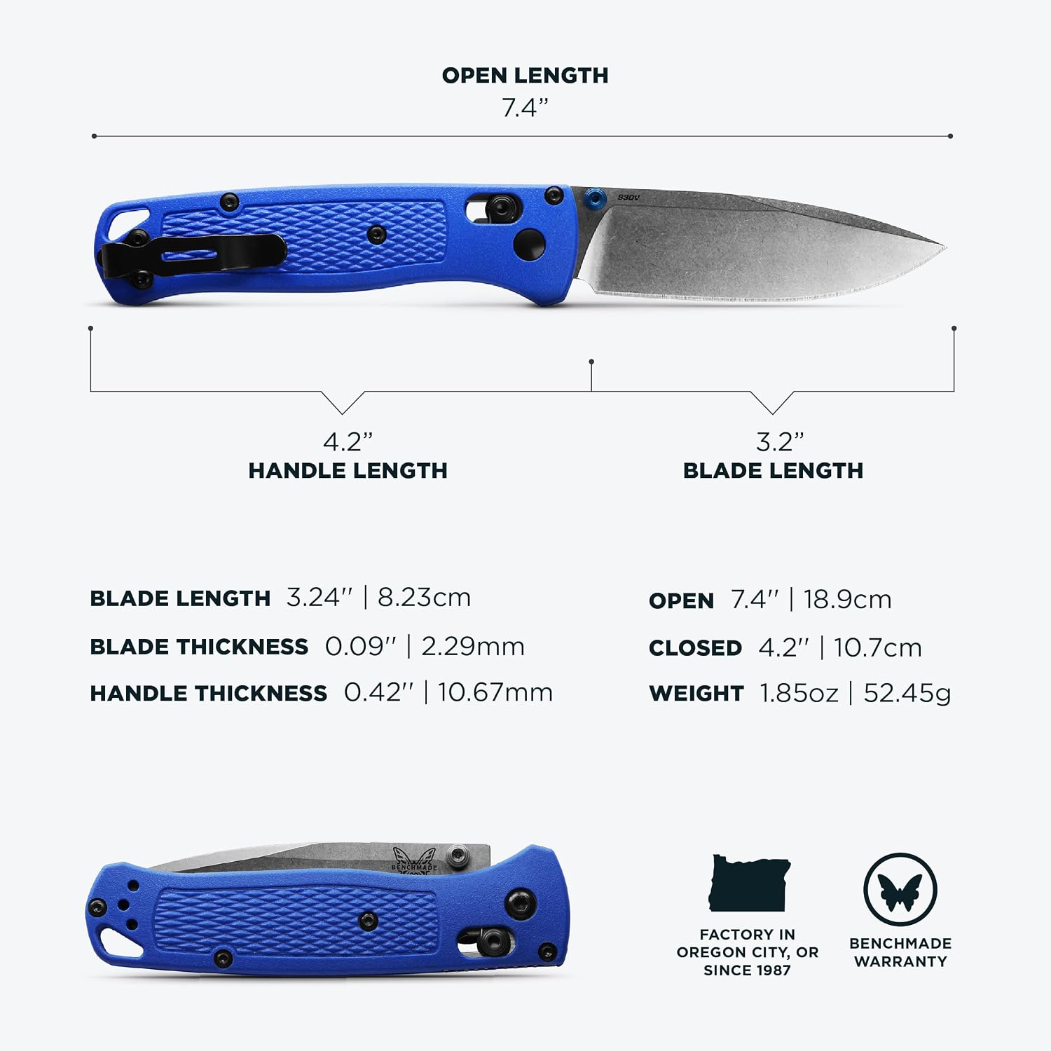 Benchmade - Bugout Outdoor EDC Folding Knife, Slim, Lightweight, Plain Edge, Drop-Point Blade, CPM-S30V Stainless Steel (58-60HRC), Grivory Handle (535)
