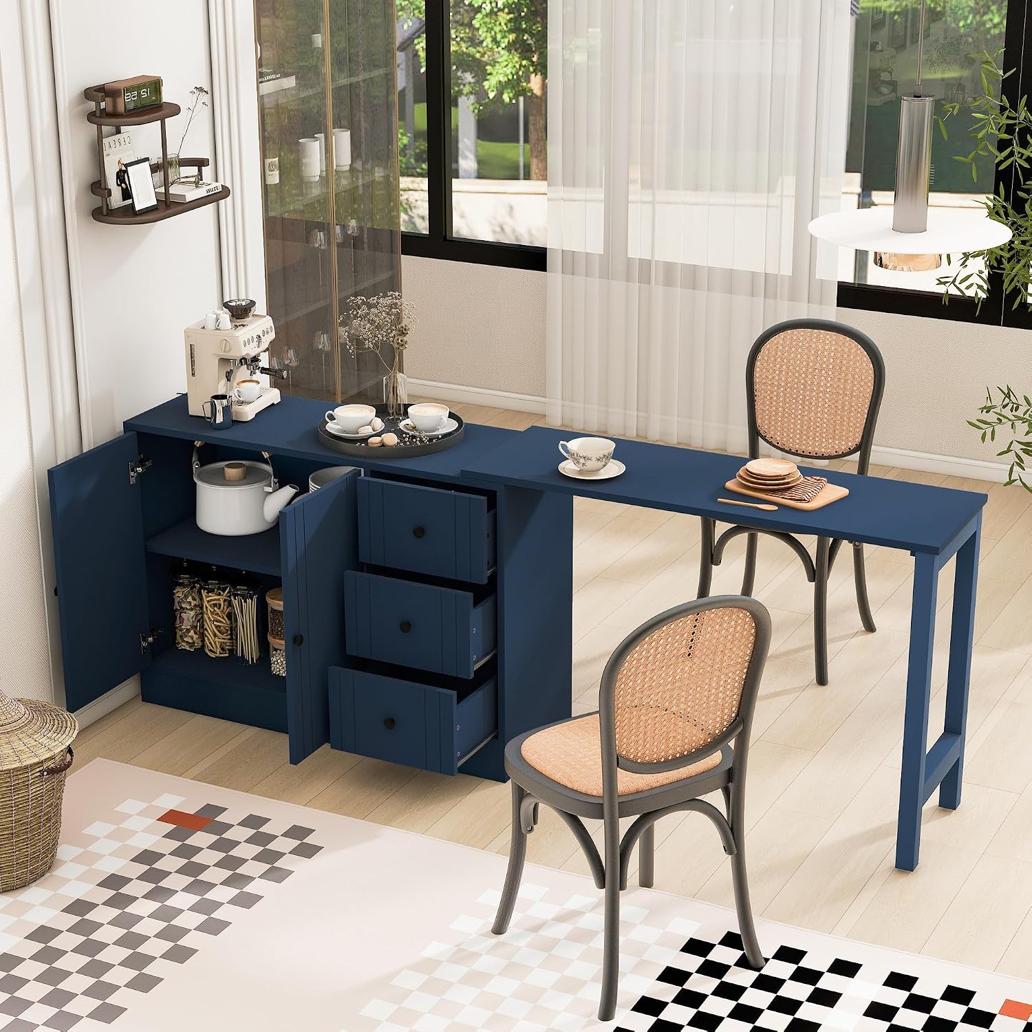 90' Extendable Freestanding Storage Cabinet, Kitchen Storage Bakers Rack with Silent Slides, Utility Food Cupboard with Adjustable Shelf for Kitchen Living Room, Navy Blue