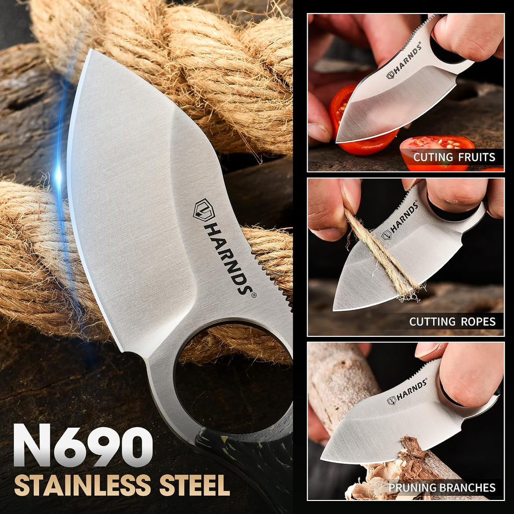 Harnds Small Fixed Blade Knife Full Tang Camping EDC with N690 Steel and Carbon Fiber Handle for Fishing and Skinning Eggplant