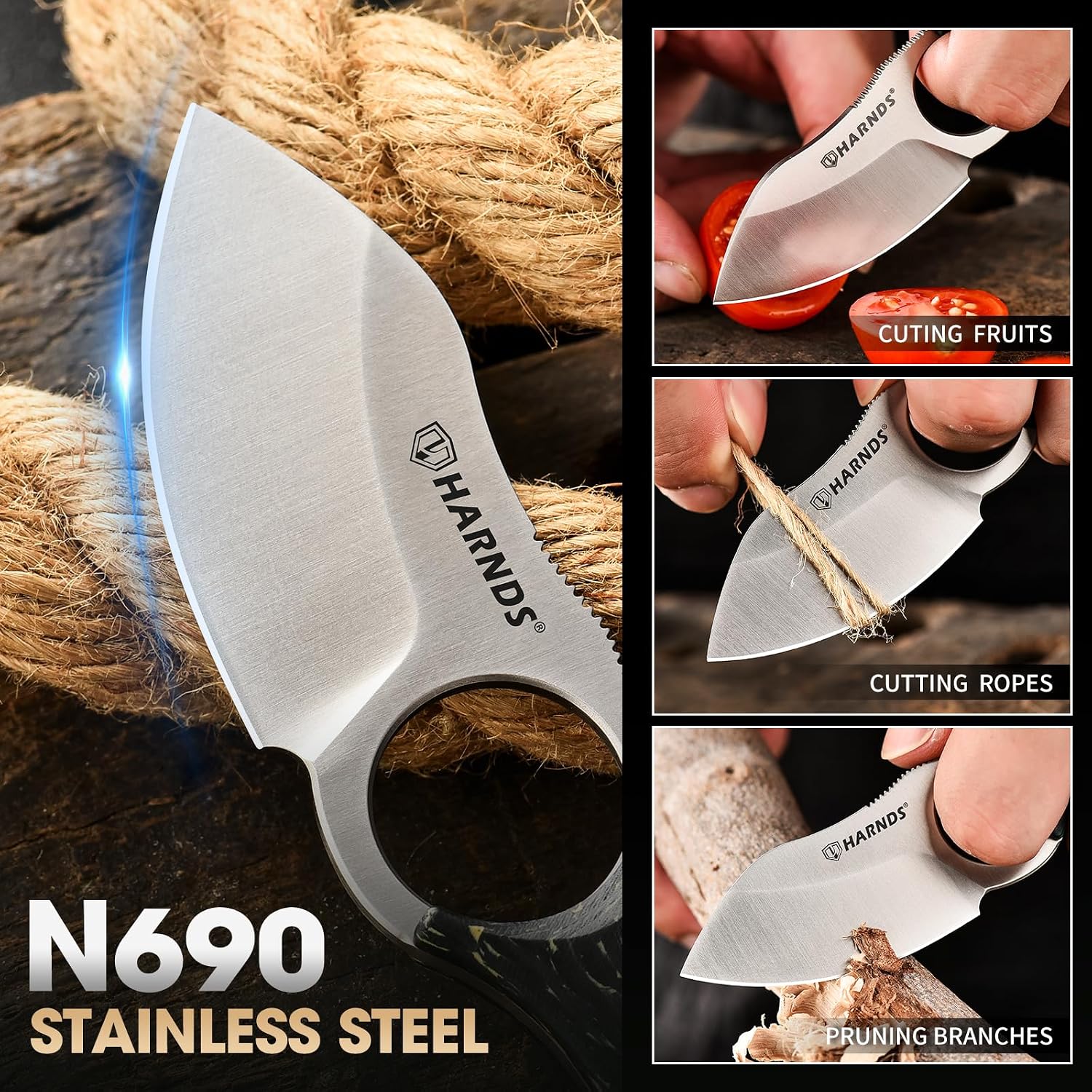 Harnds Small Fixed Blade Knife Full Tang Camping EDC with N690 Steel and Carbon Fiber Handle for Fishing and Skinning Eggplant