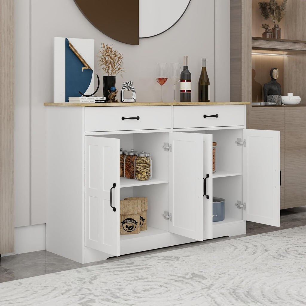 48' E1 MDF 3-Coat Paint Freestanding Storage Cabinet, Kitchen Storage Bakers Rack with Anti-tip Design, Utility Food Cupboard for Home Spaces, White