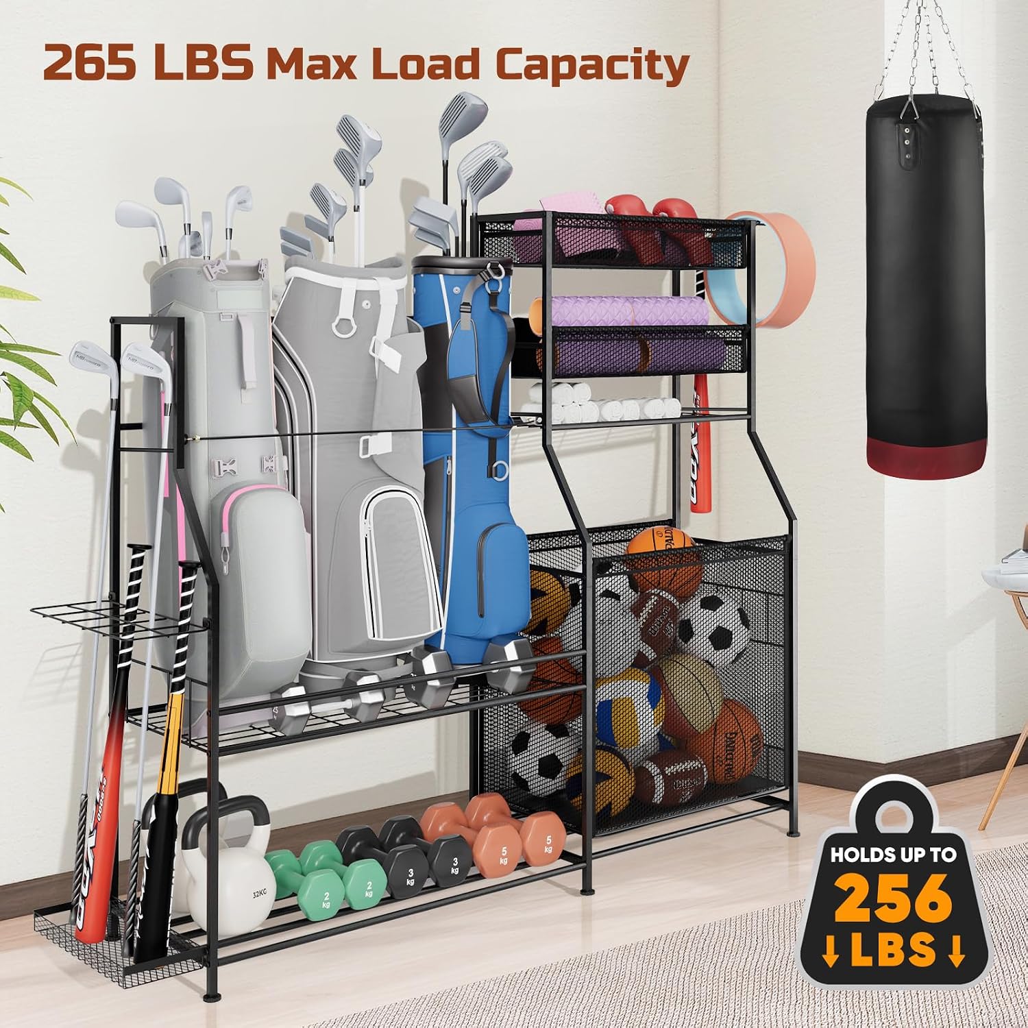 Garage Sports Equipment Organizer,3 Golf Bags Storage Stand,Heavy-Duty Ball Storage Rack with Basket and Hooks,Space-Saving Design for Toy Sports Gear Storage Indoor/Outdoor Use
