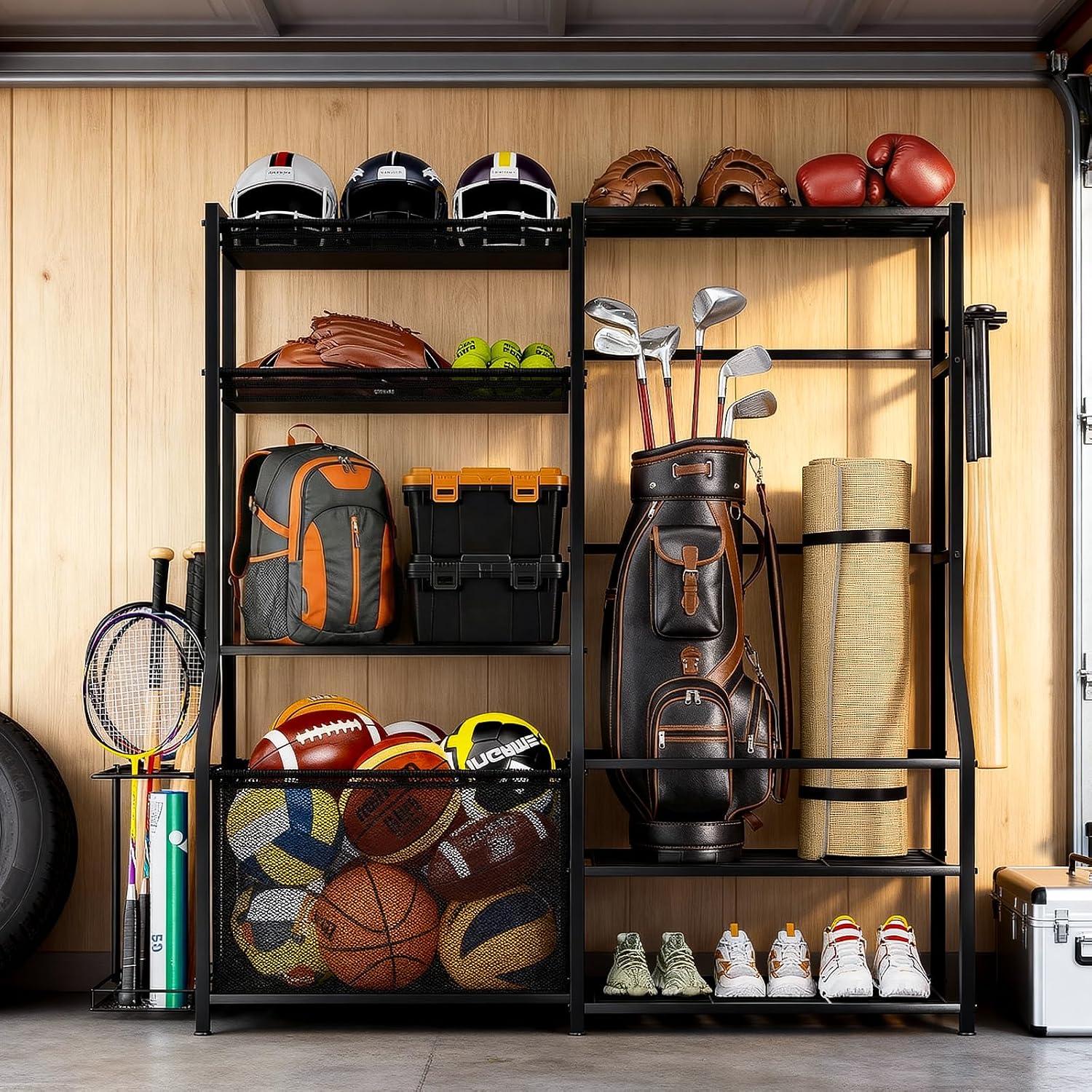 Large Sports Organizer for Garage, Ball Storage Rack Garage Sports Equipment Organizer with Side Racks, Baskets, Hooks, Multi-Purpose Golf Gear Storage for Gym Indoor Outdoor