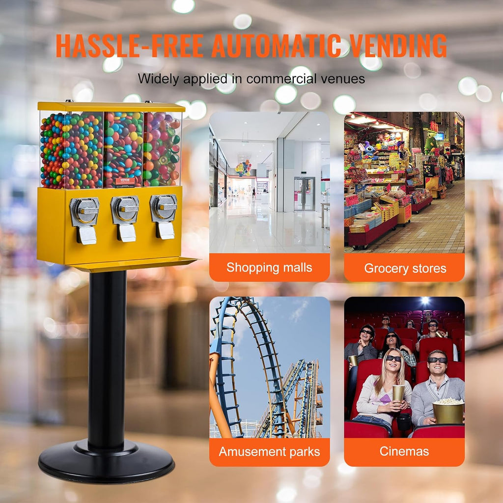 VEVOR Commercial Vending Machine, Triple Compartment Candy Dispenser with Iron Stand, Gumball and Candy Machine for Business, Coin Operated Gumball Bank for Toy Capsules Bouncy Balls Candy Nut, Yellow