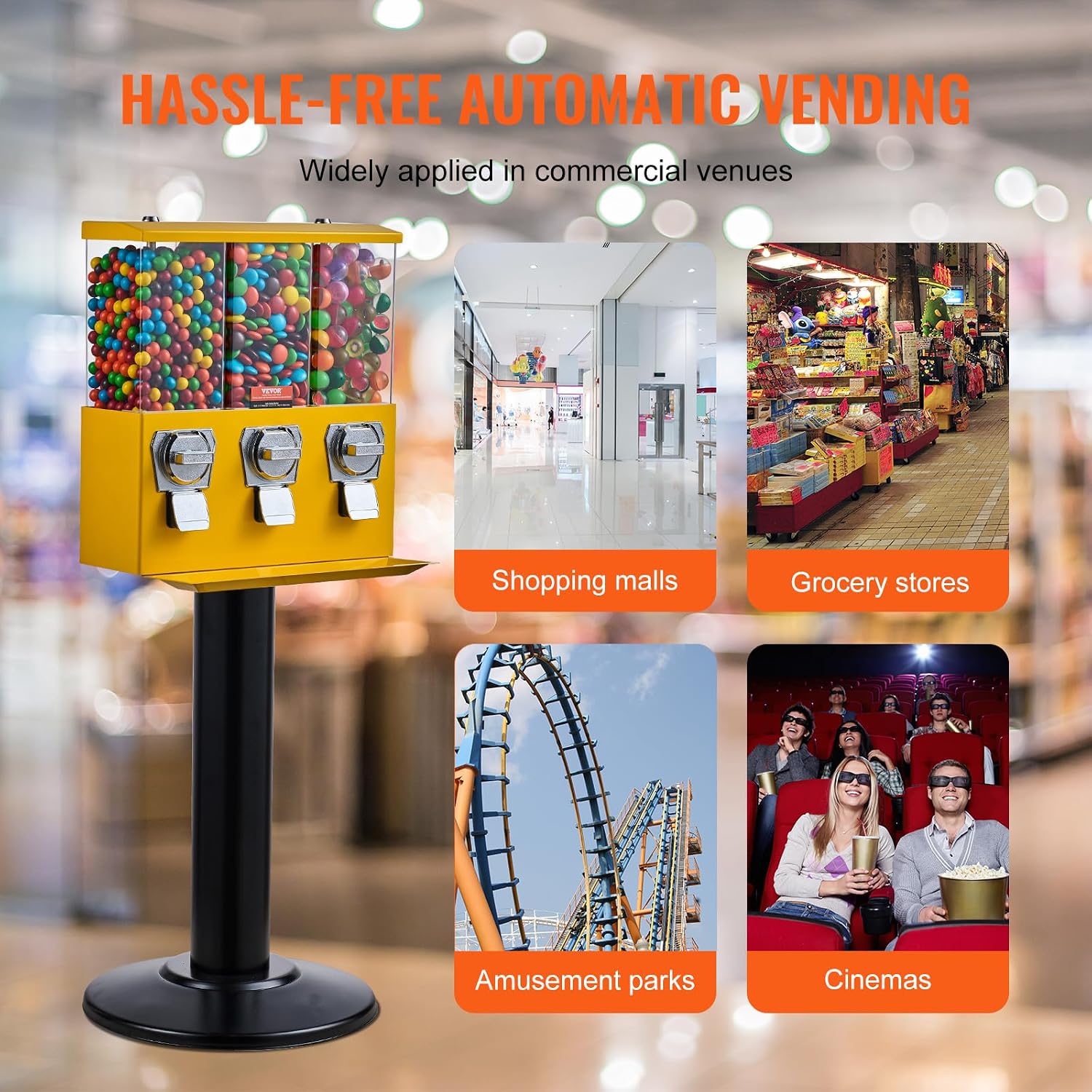 VEVOR Commercial Vending Machine, Triple Compartment Candy Dispenser with Iron Stand, Gumball and Candy Machine for Business, Coin Operated Gumball Bank for Toy Capsules Bouncy Balls Candy Nut, Yellow