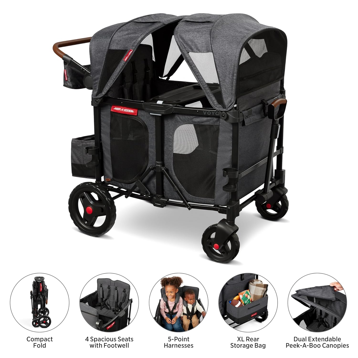 Radio Flyer Voya XT Quad Stroller Wagon, for Ages 6+ Months, Extra Tall Sides, Push or Pull, 4 Seats, Dual Sun Canopies, Compact Fold, Storage Space, 5-Point Harnesses, Stroller Wagon for Kids