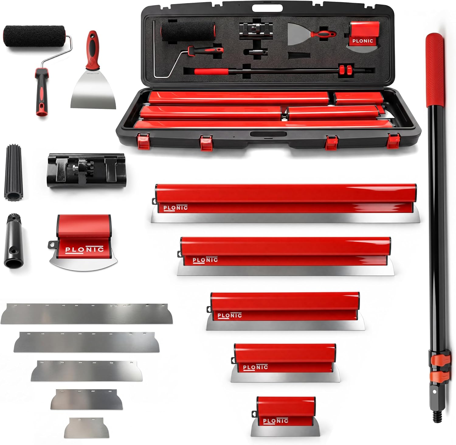 Drywall Skimming Blade Set with Portable Case,0.50 mm Stainless Steel 10', 14', 24', 32' & 40' Skimming Blades with 40'-84' Extension Handle, Drywall Finishing Tools