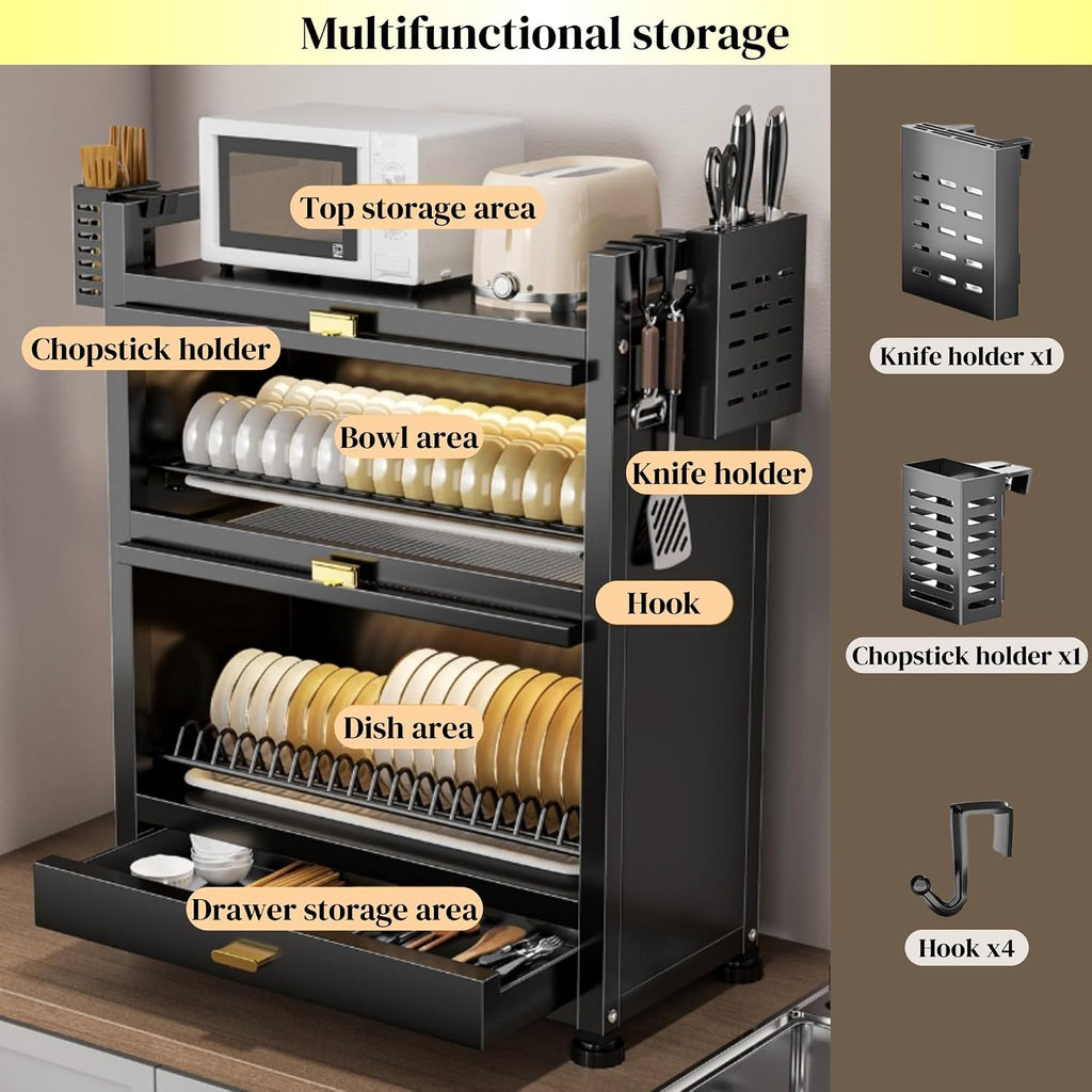 Kitchen Countertop Dish Cabinet with Drawers, Countertop Pantry with Drain Trays and Doors, Multifunctional Microwave Oven Rack, Space-Saving Dish Organizer for Dining room(Black,17.7''x11.4''x28'')