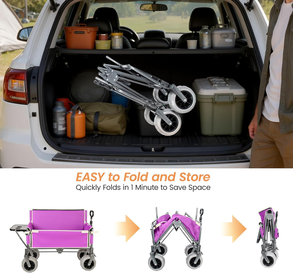 Convertible Folding Wagon Cart with Bench Seat & Rear Table, 500lbs Capacity Heavy-Duty 3-in-1 Collapsible Wagon for Camping, Garden & Outdoor Events (Purple)