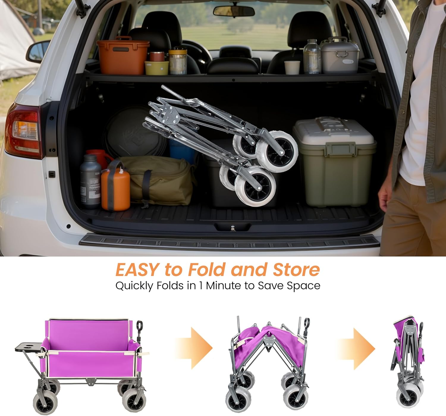 3-in-1 Foldable Wagon Cart with All-Terrain 9'x4' Beach Tires–Collapsible Wagon Design,Rear-Mounted Folding Tabletop&Convertible Bench Seat,Utility Wagon | Beach Cart with Drink Holders (Purple)