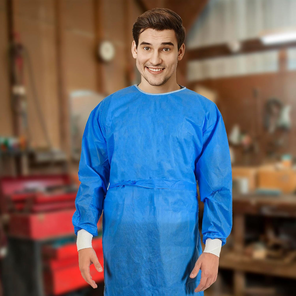 AMZ Medical Supply Disposable Isolation Gowns, 2X-Large Blue, Pack of 30, 50 GSM Non-Woven Polypropylene, Long Sleeves, Knit Cuffs, Neck and Waist Ties, Unisex
