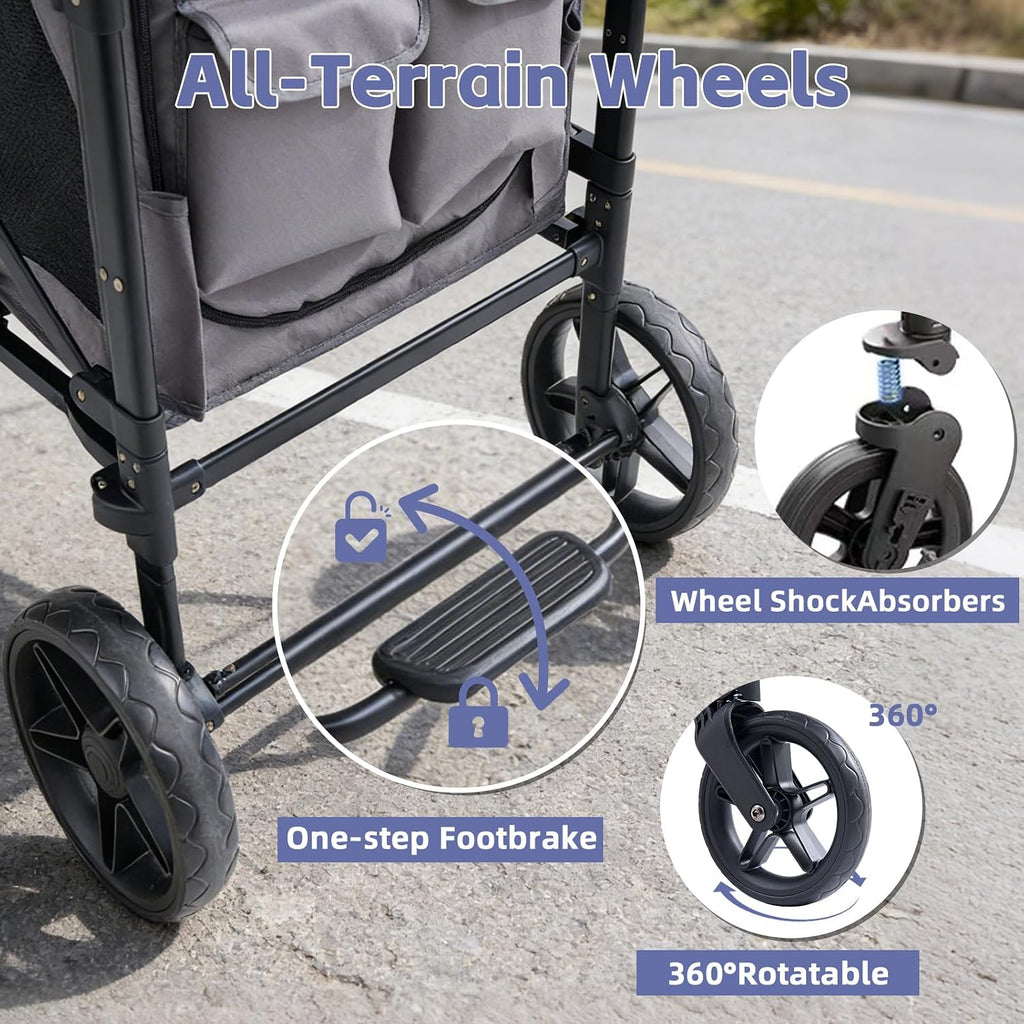 Stroller Wagon for 4 Kids, 4 Seater Wagon Stroller with Snack Tray, Large Storage Bag, Phone Cup Holder, Removable Canopy, Foldable Wagon Stroller 4 Seater with Adjustable Push Handles (Grey)