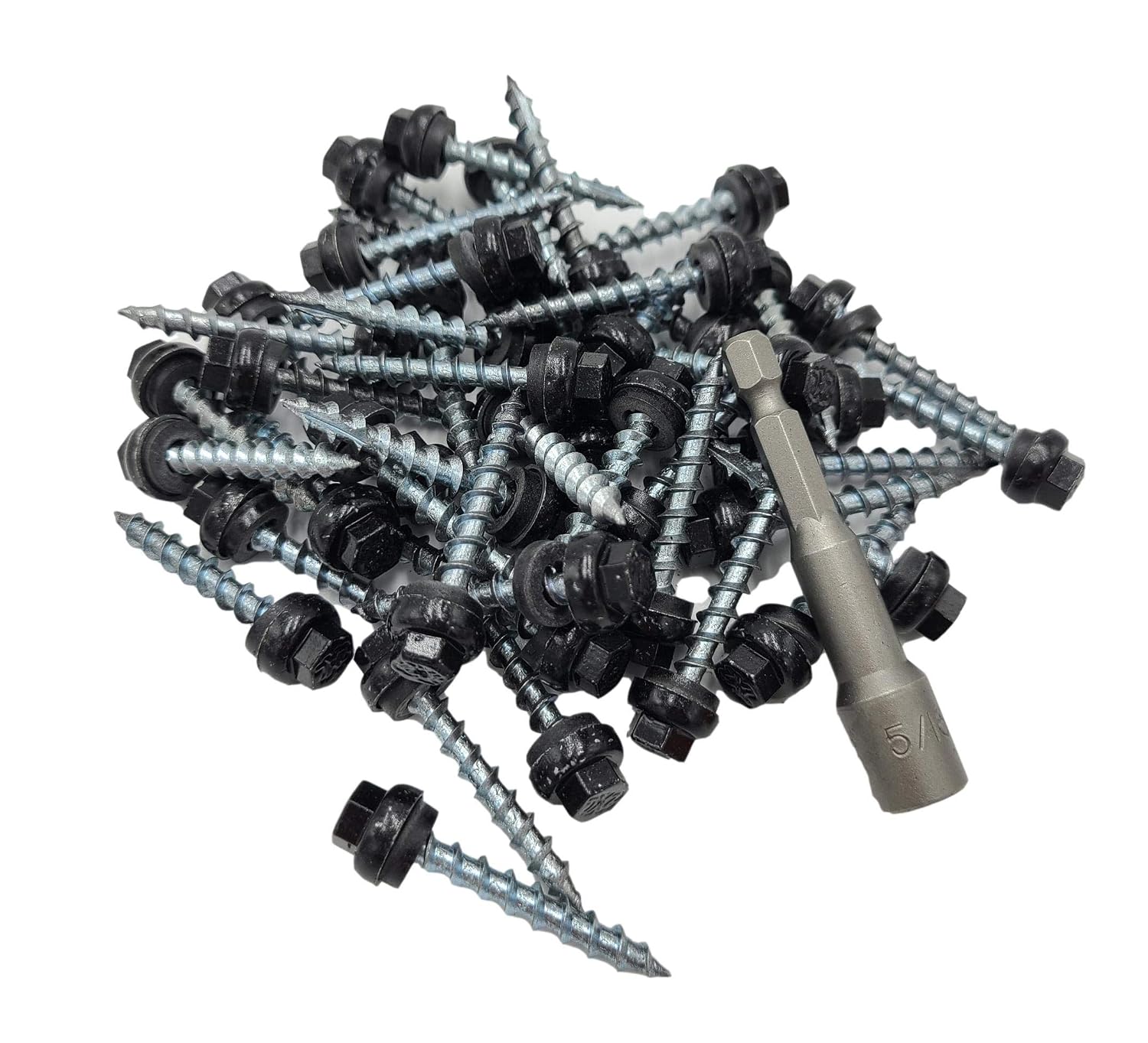 #12 Long Life Metal Roofing Screws (1000 Count) -1.5' Long Shaft-Metal to Wood- OSB Replacement Screws -Domed Cap Screw Head EPDM Washer- Free 5/16' Hex Bit Driver! (1000, Black)