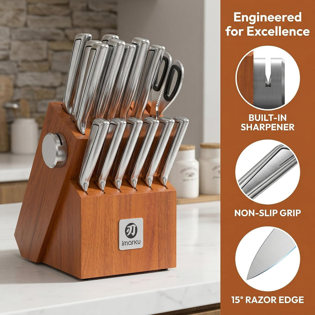 imarku High Carbon Stainless Steel Gyutou Knife Set with Block, Precision-Forged Razor Sharp 10–15° Edge, Ergonomic Non-Slip Handle, Built-in Sharpener, Brown, Best Gift Choice, Cooking Enthusiasts