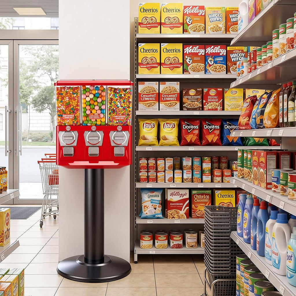 VEVOR Candy Vending Machine, Triple Compartment Candy Dispenser, Commercial Gumball and Candy Machine for Business with Iron Stand, Coin Operated Gumball Bank for Toy Capsules Bouncy Balls Candy