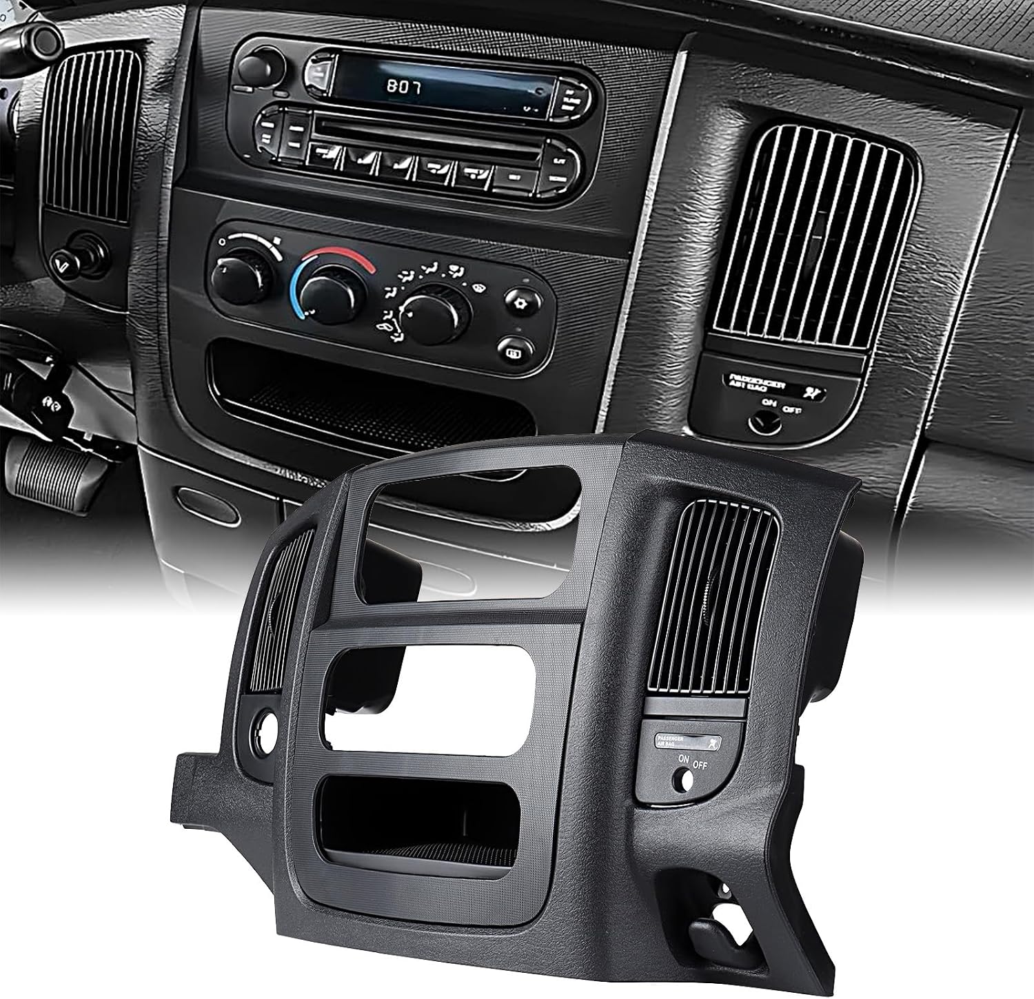 Dash Center Radio Bezel Trim Panel Compatible for 2002-2005 Dodge Ram 1500, 2003-2005 Ram 2500 3500 Replacement Dash Cover Kit w/Mounting Screw Dashboard Radio Surround Interior Black
