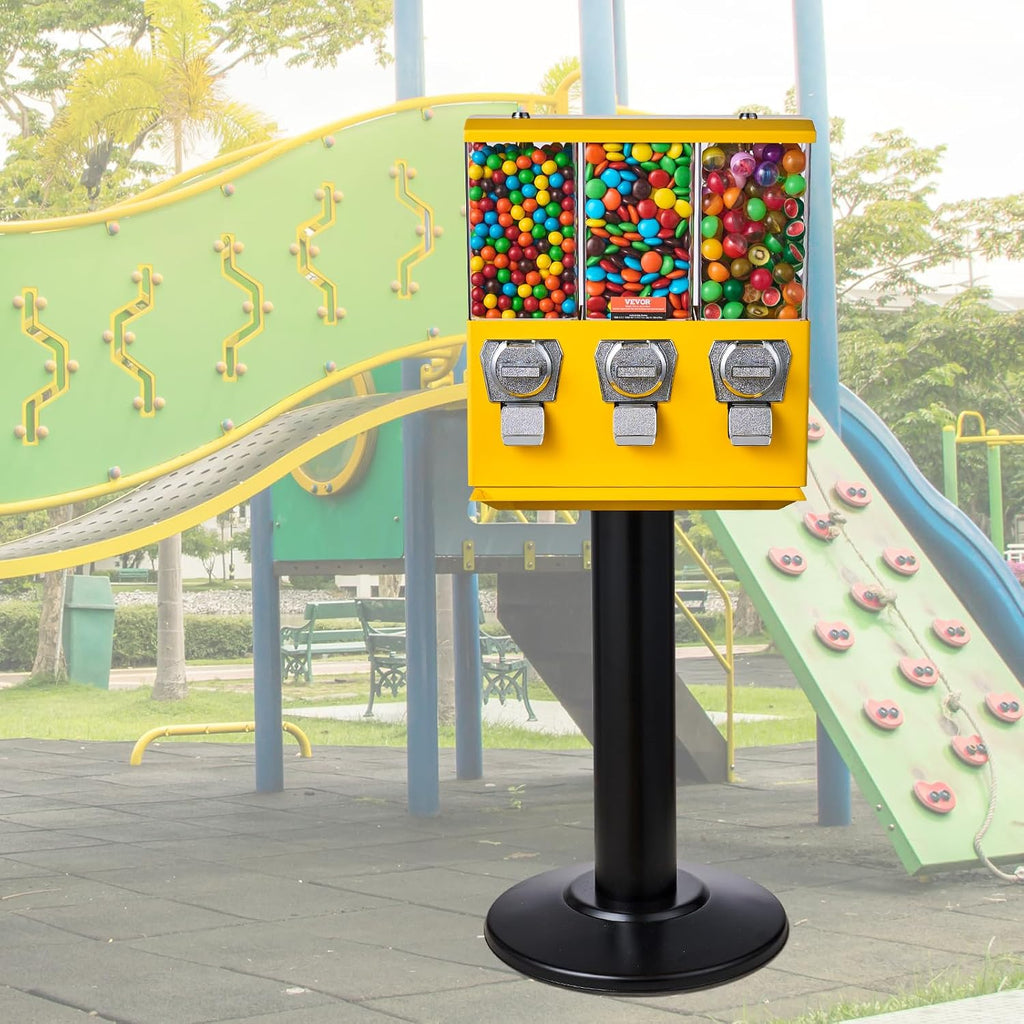 VEVOR Commercial Vending Machine, Triple Compartment Candy Dispenser with Iron Stand, Gumball and Candy Machine for Business, Coin Operated Gumball Bank for Toy Capsules Bouncy Balls Candy Nut, Yellow