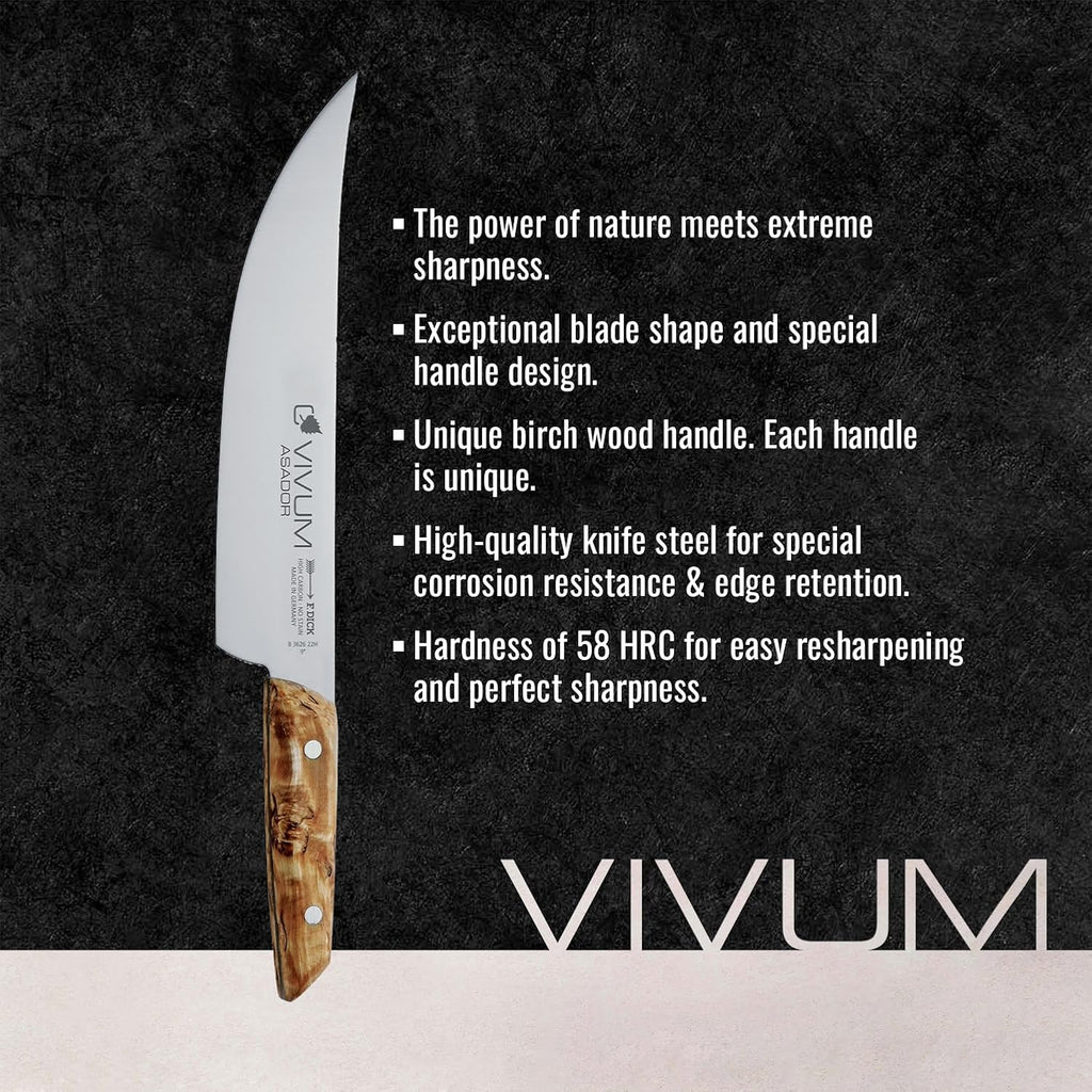 F. DICK – VIVUM BBQ Knife ASADOR – Paring Knife for Barbecue with 8.6' blade & 58 HRC - Ideal for cutting large meat & fish pieces - Stainless steel - Ultra sharp - Birchwood handle – Made in Germany