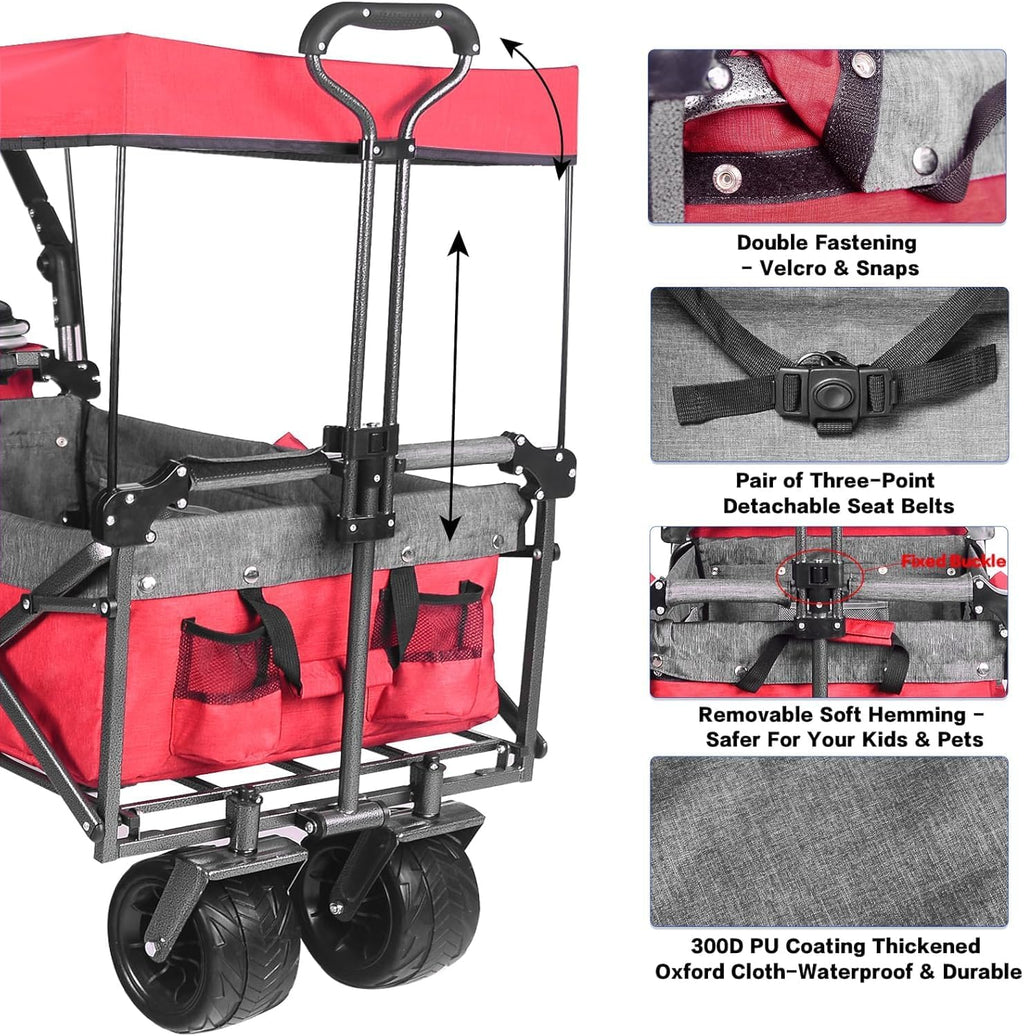 All Terrain Collapsible Wagon Cart with Big Wheels, 350 Pound Capacity Heavy Duty Enlarged Utility Folding Beach Garden Wagon Cart with Brake & Adjustable Handle for Outdoor Camping Shopping Red