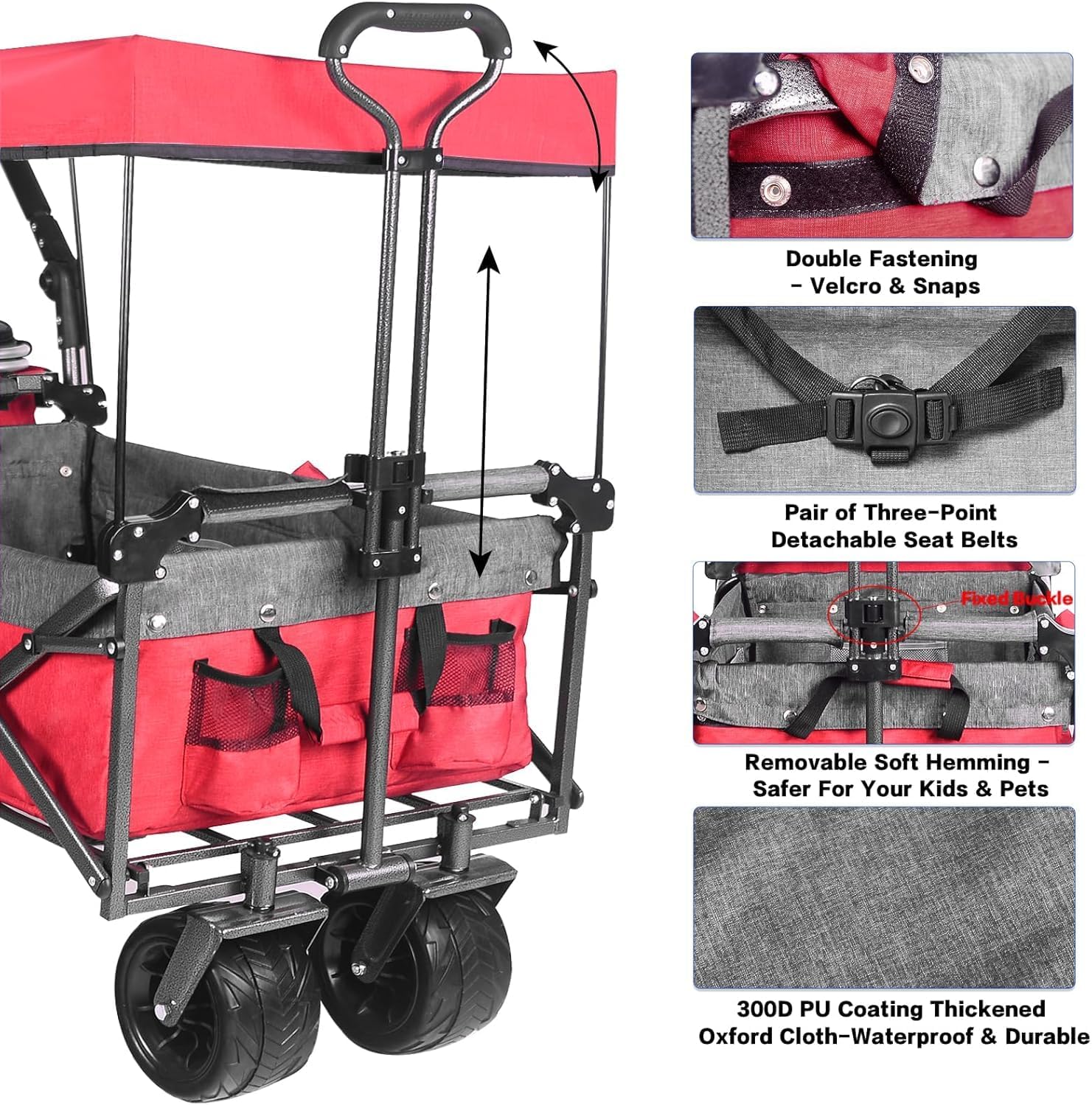 All Terrain Collapsible Wagon Cart with Big Wheels, 350 Pound Capacity Heavy Duty Enlarged Utility Folding Beach Garden Wagon Cart with Brake & Adjustable Handle for Outdoor Camping Shopping Red