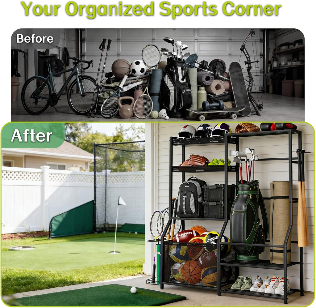 Large Sports Organizer for Garage, Ball Storage Rack Garage Sports Equipment Organizer with Side Racks, Baskets, Hooks, Multi-Purpose Golf Gear Storage for Gym Indoor Outdoor