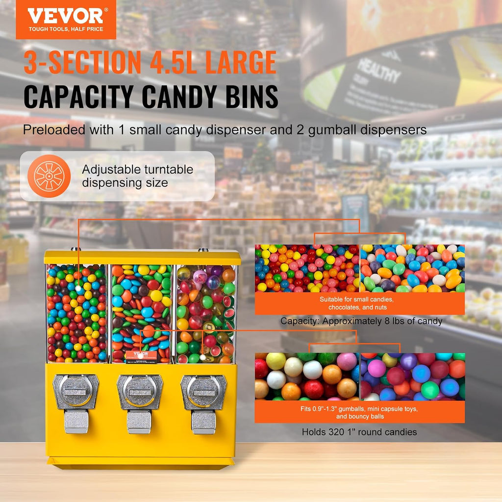 VEVOR Commercial Vending Machine, Triple Compartment Candy Dispenser with Iron Stand, Gumball and Candy Machine for Business, Coin Operated Gumball Bank for Toy Capsules Bouncy Balls Candy Nut, Yellow
