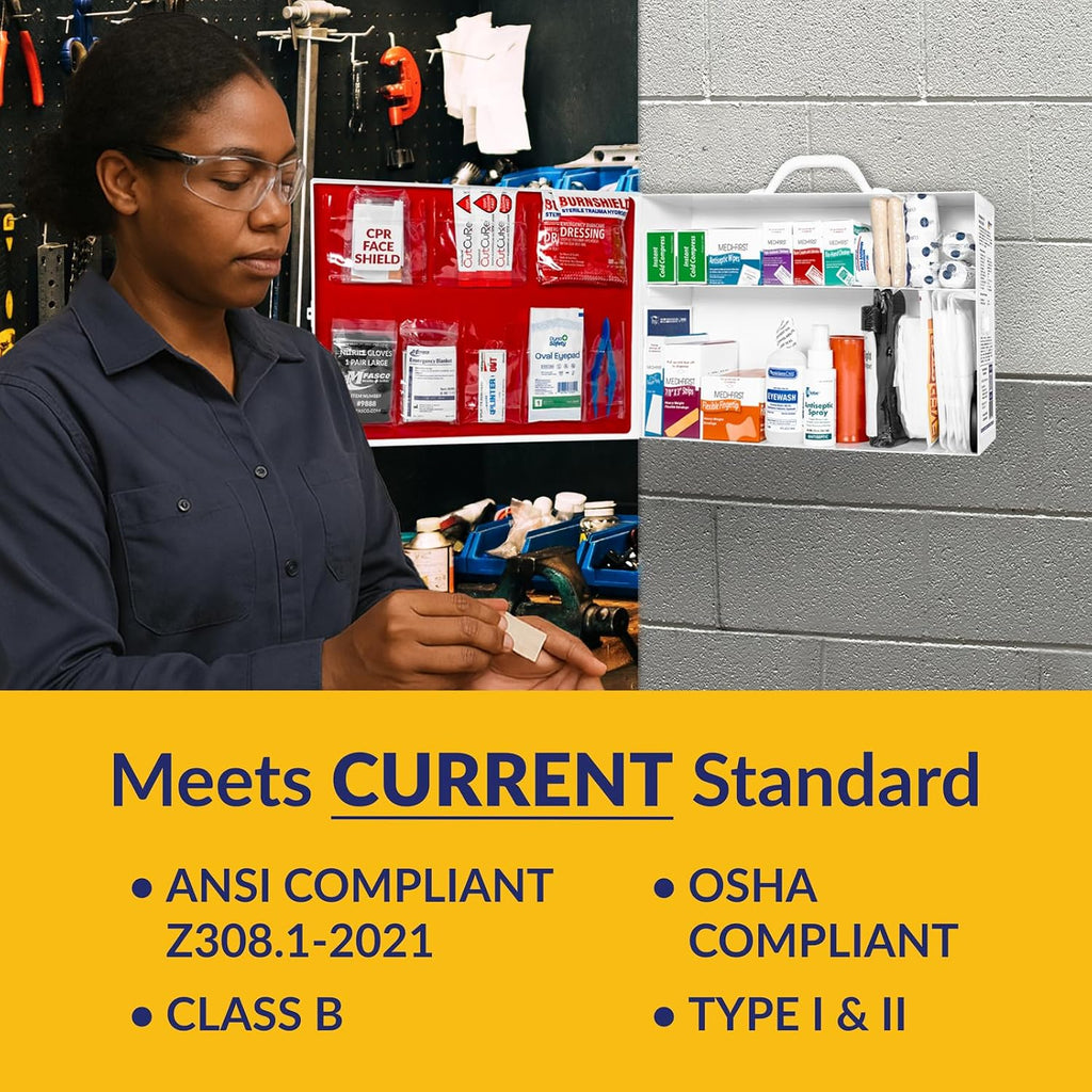 MFASCO 2 Shelf First Aid Cabinet - ANSI/OSHA Class B Type I & II - Medi First Brand Bandages - Carry or Wall Mount - Easy Restock & Refill - - White Enamel Finish - 226 Pcs - 16'x11'x4 7/8'
