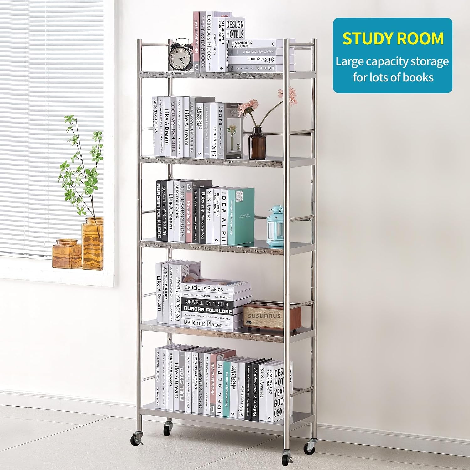 susunnus Stainless Steel Shelf,Shelves for Storage,Metal Kitchen,Garage Shelf,with Wheels,Rolling Shelves,Adjustable Height,Weight Capacity 440LB(27.6in*10.2in-5Twith guardrails)