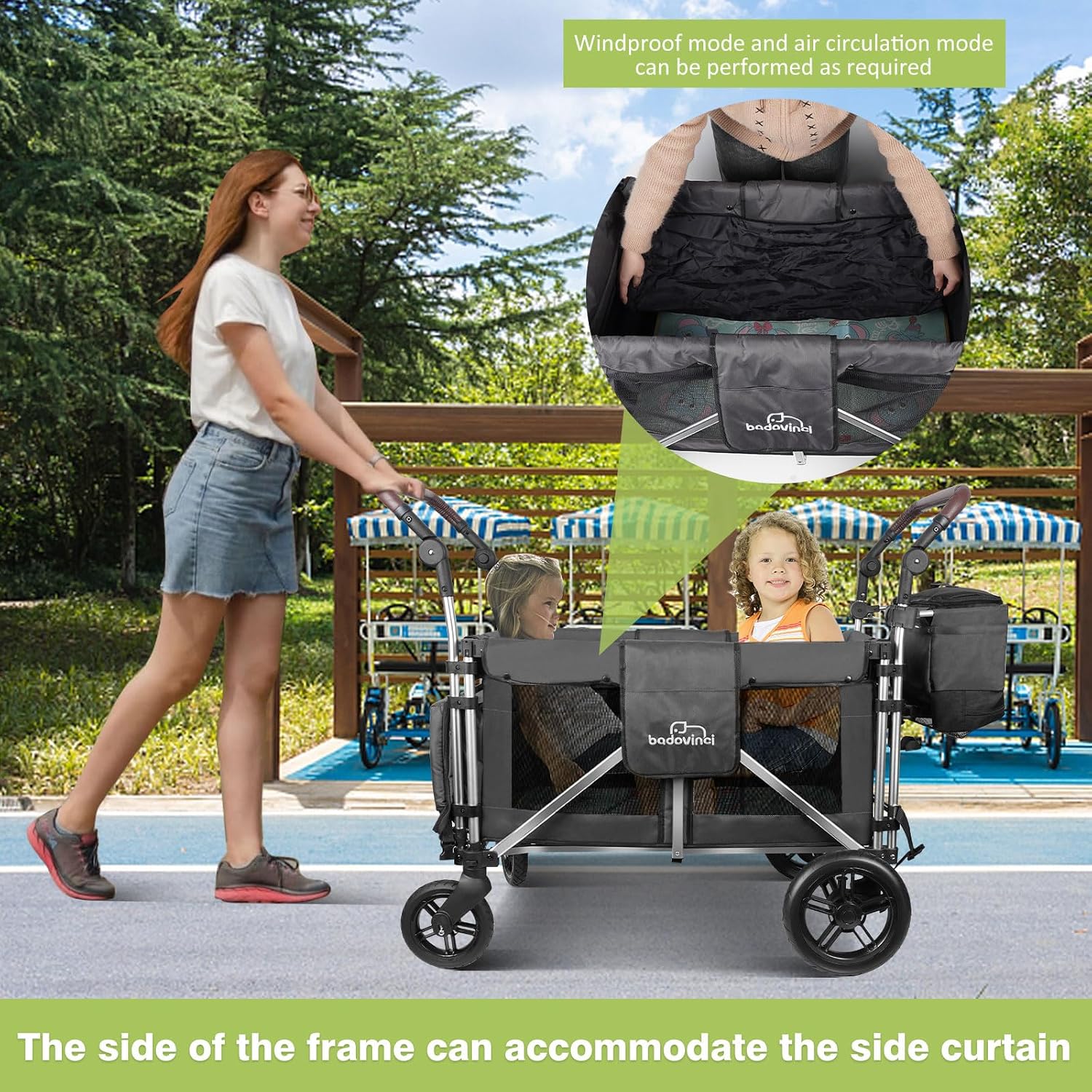 Stroller Wagon for 2 Kids, Wagon Cart Featuring 2 High Seat with 5-Point Harnesses and Adjustable Canopy, Foldable Push-Pull Rod for Garden, Camping, Grocery Cart