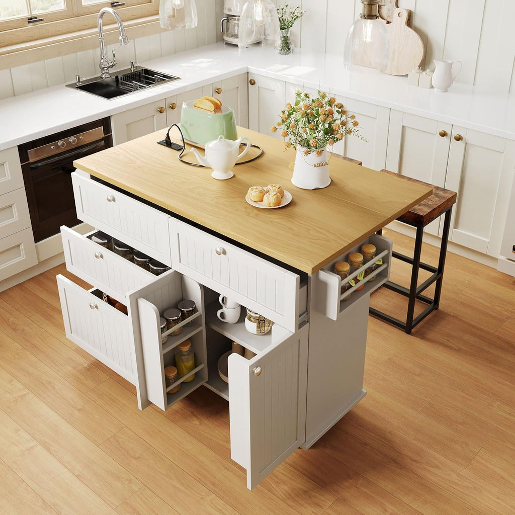 Bellemave Farmhouse Kitchen Island on Wheels with 11.8inch Drop Leaf, 2 Stools, Power Outlet,Kitchen Cart with Storage Cabinet, 2 Drawers, Door Shelves and Towel Rack(White)