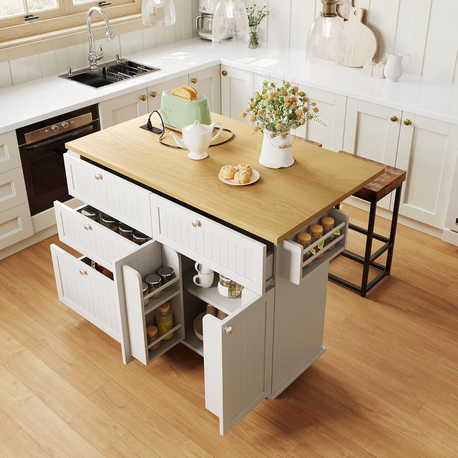 Bellemave Farmhouse Kitchen Island on Wheels with 11.8inch Drop Leaf, 2 Stools, Power Outlet,Kitchen Cart with Storage Cabinet, 2 Drawers, Door Shelves and Towel Rack(White)