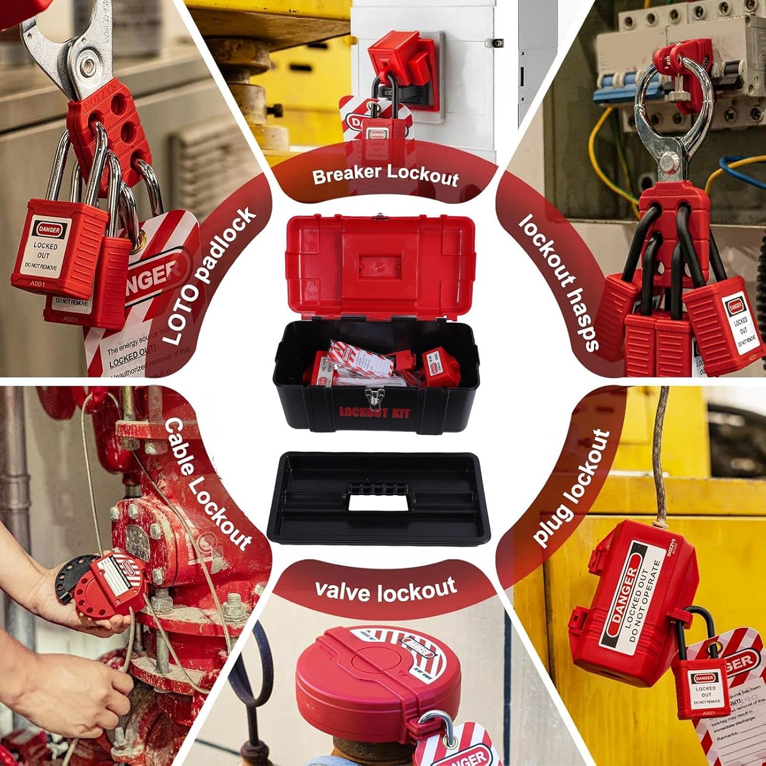 Electrical Lockout Tagout Kit Group Lockout Hasps Universal Clamp On Circuit Breaker Lock Loto Safety Padlock Set with Tool Box for Industry