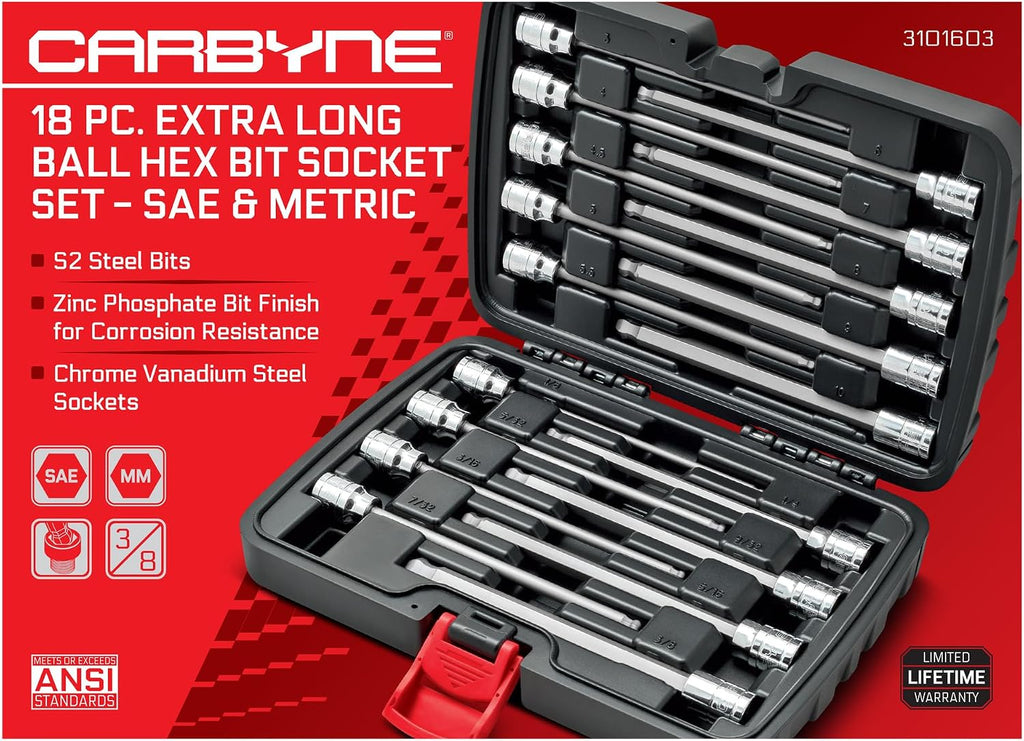 CARBYNE 18-Piece Extra Long Ball End Hex (Allen) Bit Socket Set, Metric and SAE, S2 Steel Bits, 3/8 in. Drive, 6.1 in. Overall Length, Zinc Phosphate Finish, Durable Storage Case