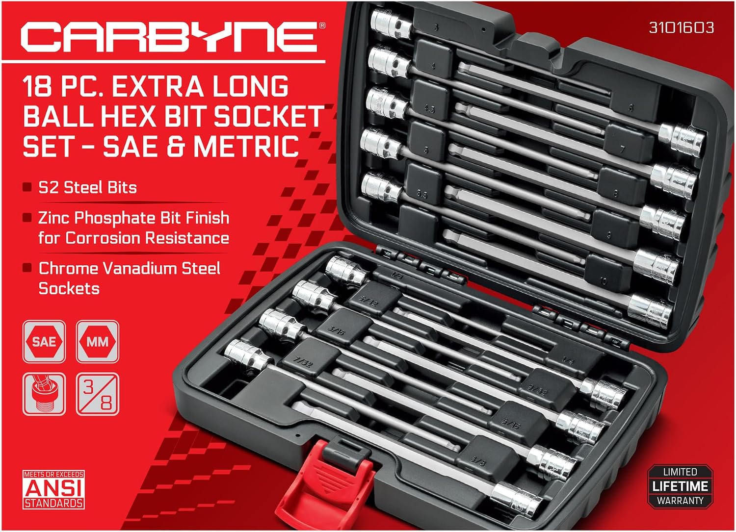 CARBYNE 18-Piece Extra Long Ball End Hex (Allen) Bit Socket Set, Metric and SAE, S2 Steel Bits, 3/8 in. Drive, 6.1 in. Overall Length, Zinc Phosphate Finish, Durable Storage Case