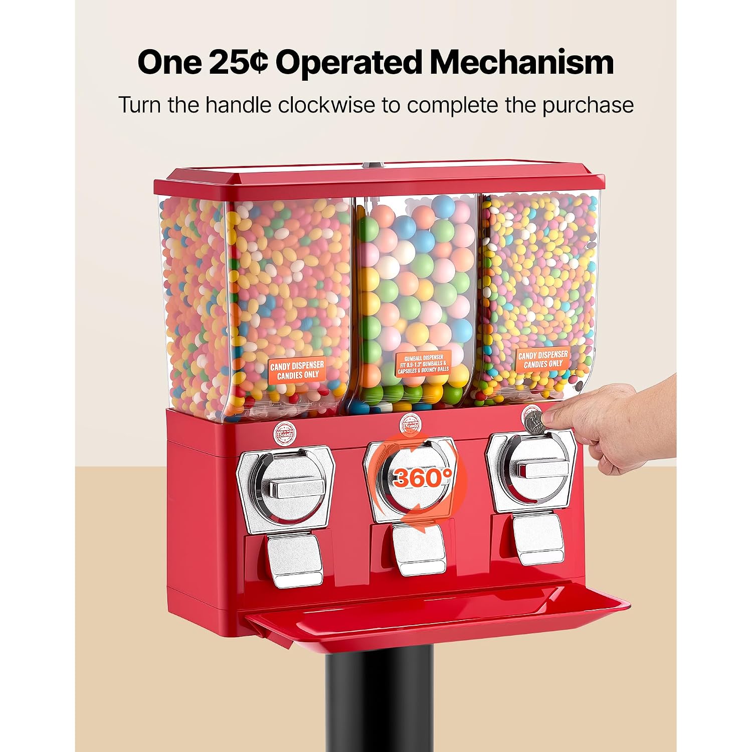 VEVOR Candy Vending Machine, Triple Compartment Candy Dispenser, Commercial Gumball and Candy Machine for Business with Iron Stand, Coin Operated Gumball Bank for Toy Capsules Bouncy Balls Candy