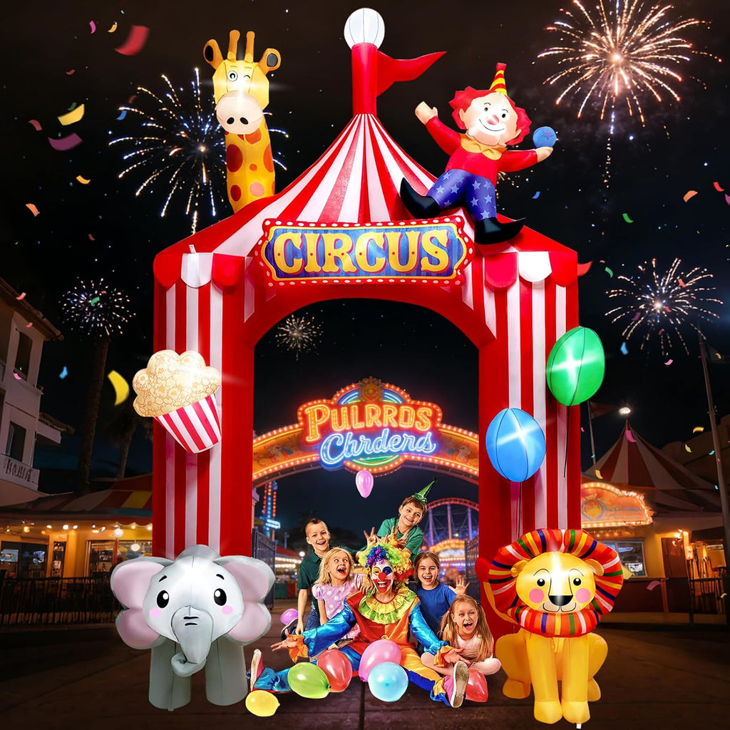 Kalolary 10FT Circus Party Arch Outdoor Decoration Inflatable, Blow Up Animal Inflatable with Built-in LED for Carnival Theme Birthday Halloween Christmas Outdoor Yard Garden Decor
