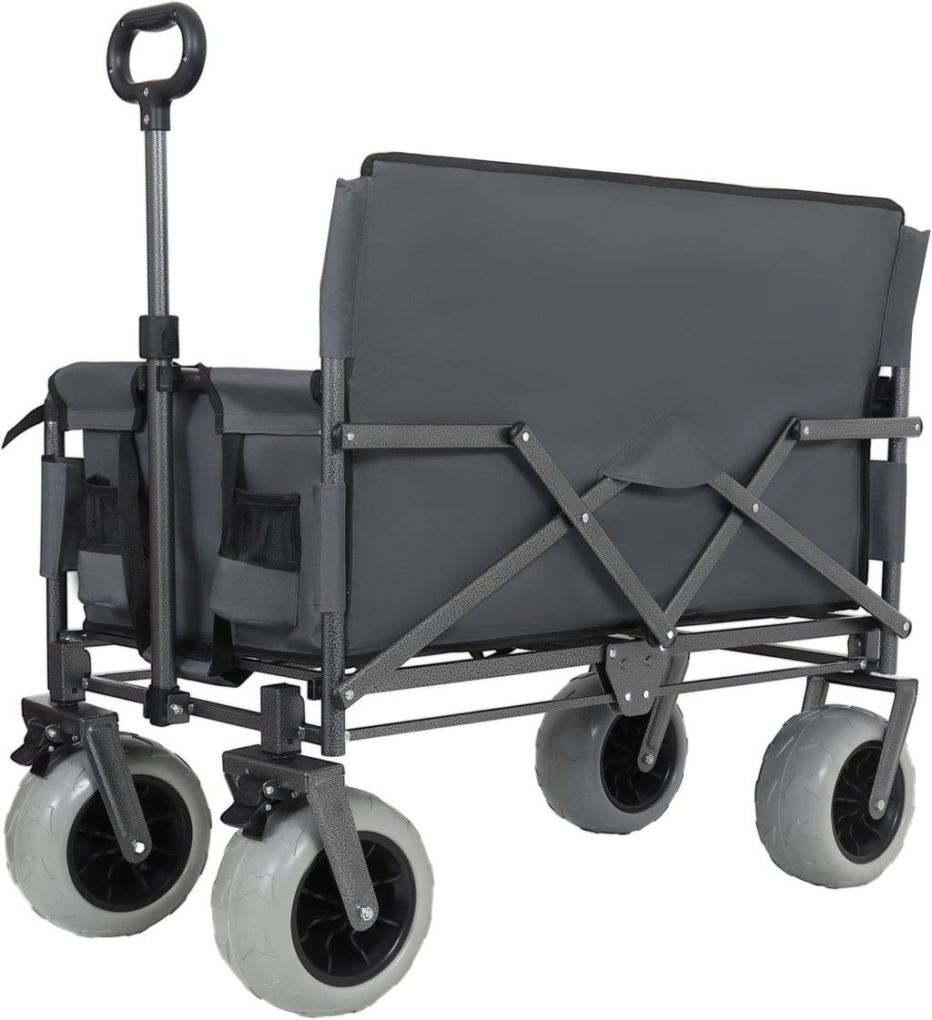 3-in-1 Folding Wagon with Bench Seat – 500lbs Capacity, 9'x4' Beach Tires for Camping & Beach (Gray)