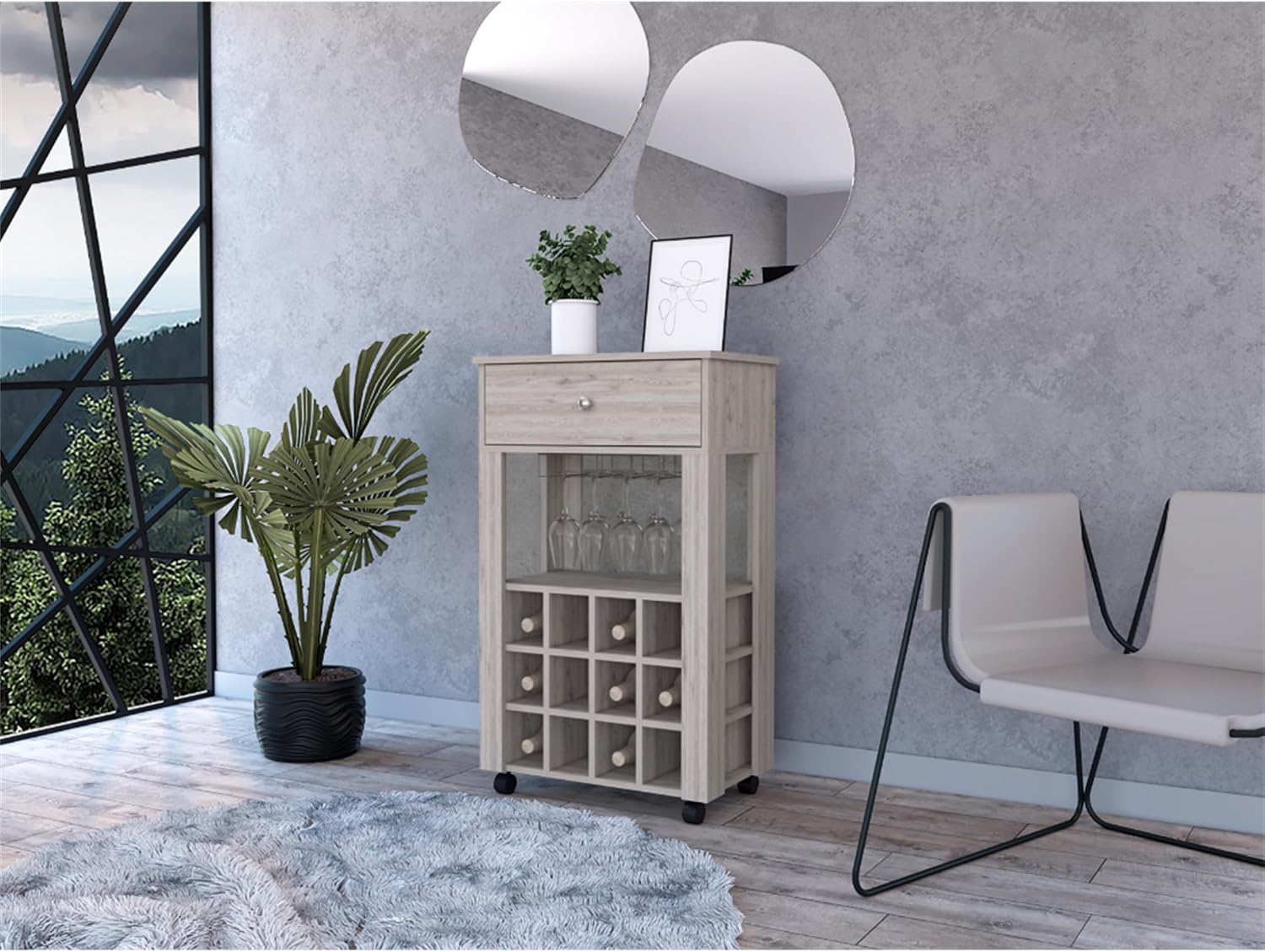 Modern Wine Cabinet,Wine Baker Rack with 1-Drawer&12-Bottle Wine Cabinet Bar Cabinet for Bar,Kitchen,Dining Room,Light Gray