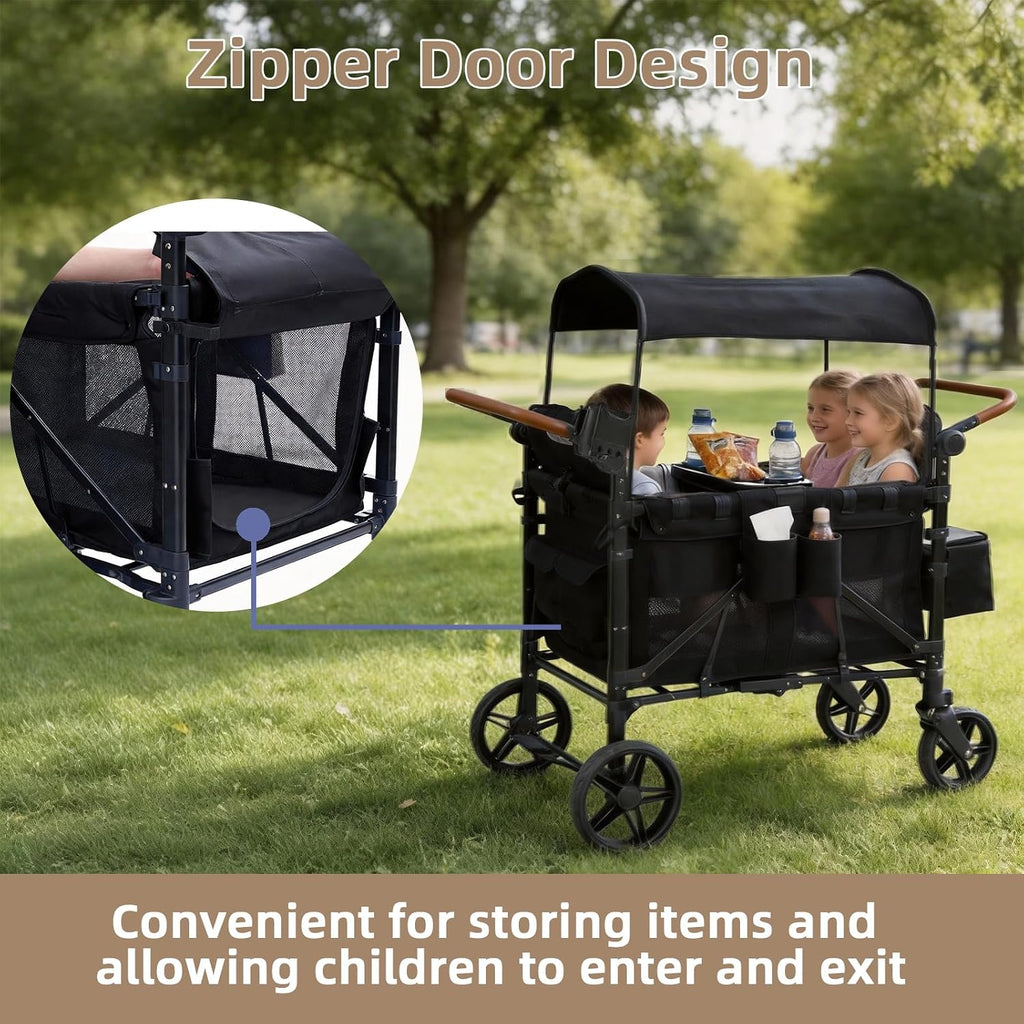Stroller Wagon for 4 Kids, 4 Seater Wagon Stroller with Snack Tray, Large Storage Bag, Phone Cup Holder, Removable Canopy, Foldable Wagon Stroller 4 Seater with Adjustable Push Handles (Deep Black)