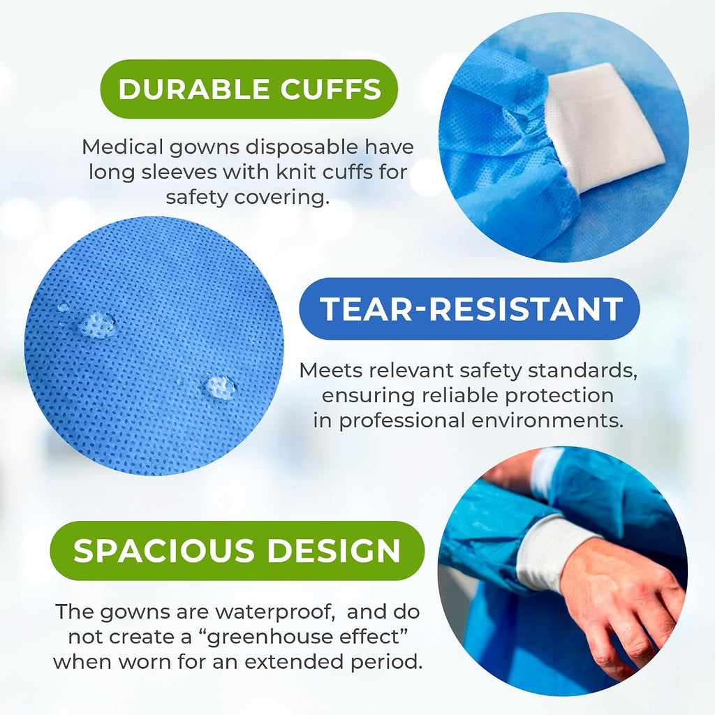 AMZ Medical Supply Disposable Isolation Gowns, 2X-Large Blue, Pack of 30, 50 GSM Non-Woven Polypropylene, Long Sleeves, Knit Cuffs, Neck and Waist Ties, Unisex