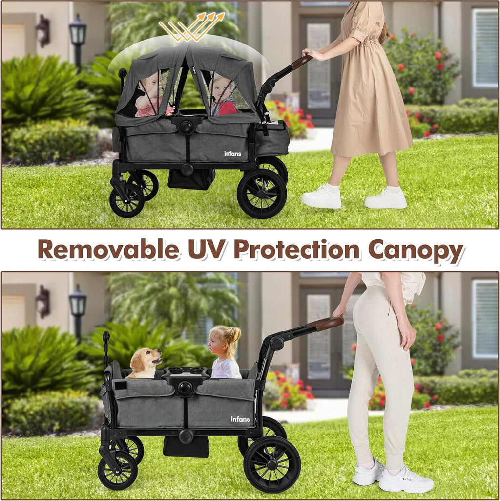 INFANS Wagon Stroller for 2 Kids, Collapsible Adjustable Push Pull Handle Bar, 2 Seater Stroller Wagon with Removable Canopy Snack Tray, Comfortable Drop-Down footwell and Upholstered Seats