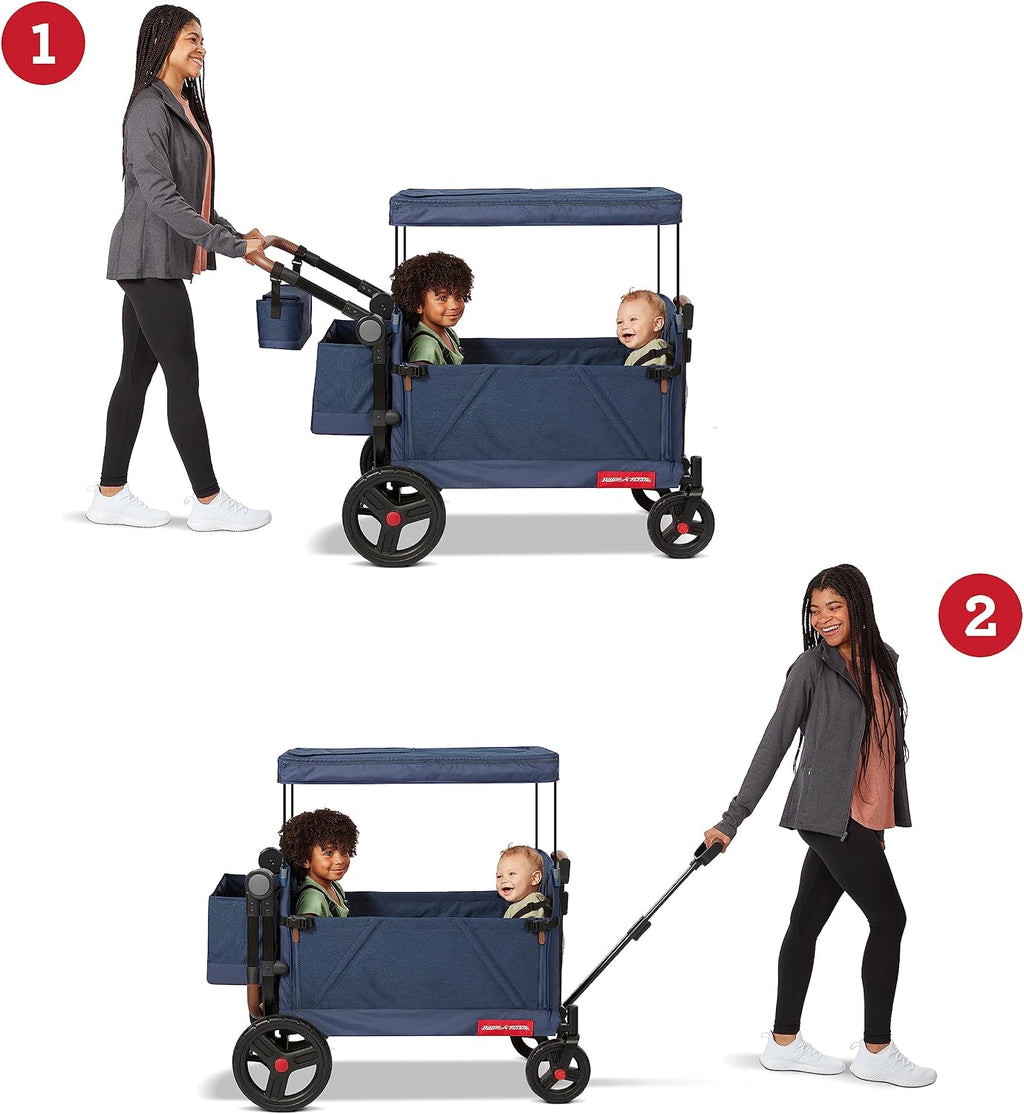Radio Flyer Atlas Stroll 'N Wagon, Navy Blue, For Ages 1+, 3-in-1 Push or Pull Versatility, One-Hand Fold, UV Canopy, 5-Point Harnesses, Storage Capabilities, Rubber Wheels, Stroller Wagon for Kids