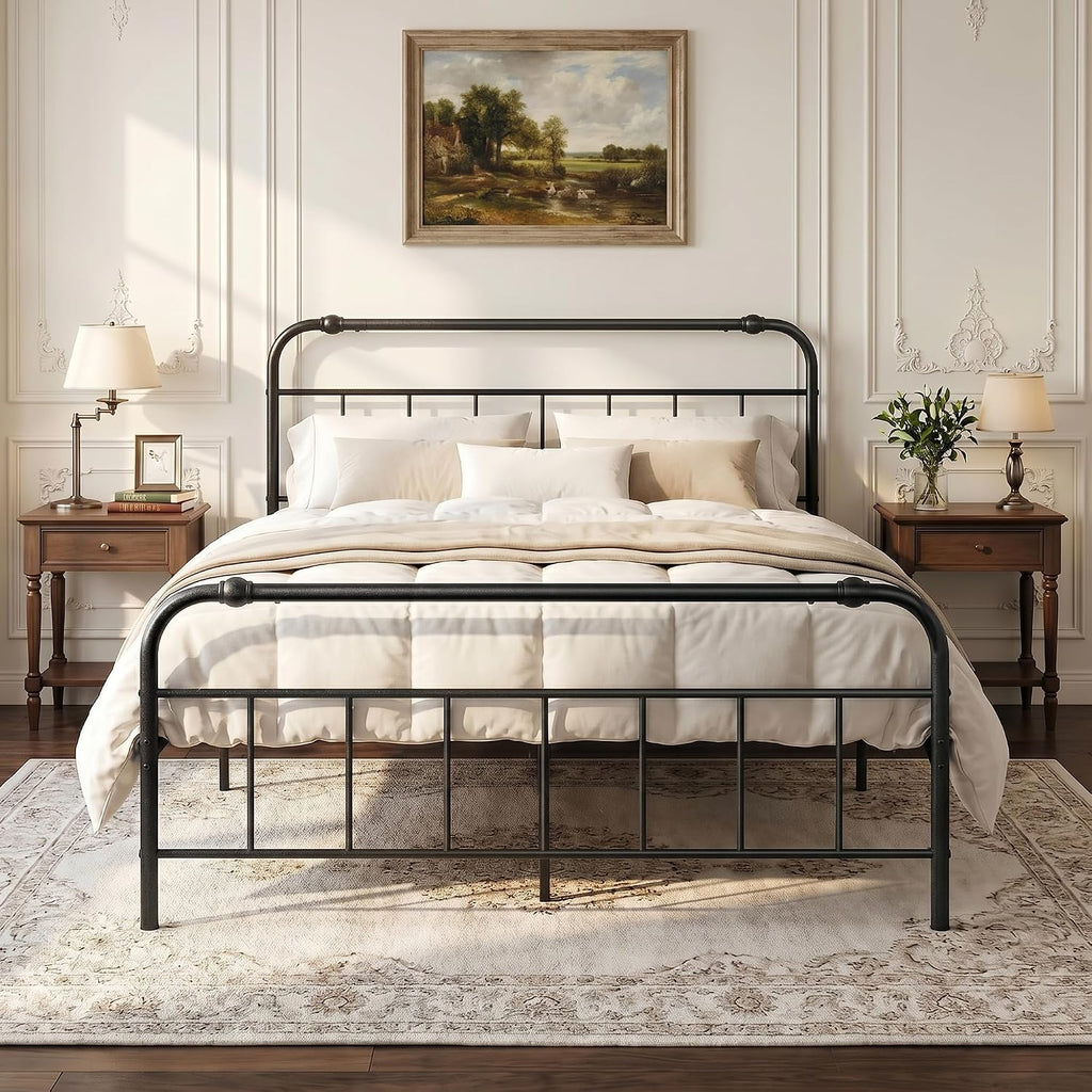 Full Size Metal Bed Frame, Vintage Iron-Art Headboard & Footboard, Heavy-Duty Iron Platform Bed (No Box Spring), Easy Assembly,Noise-Free Design, Matte Black
