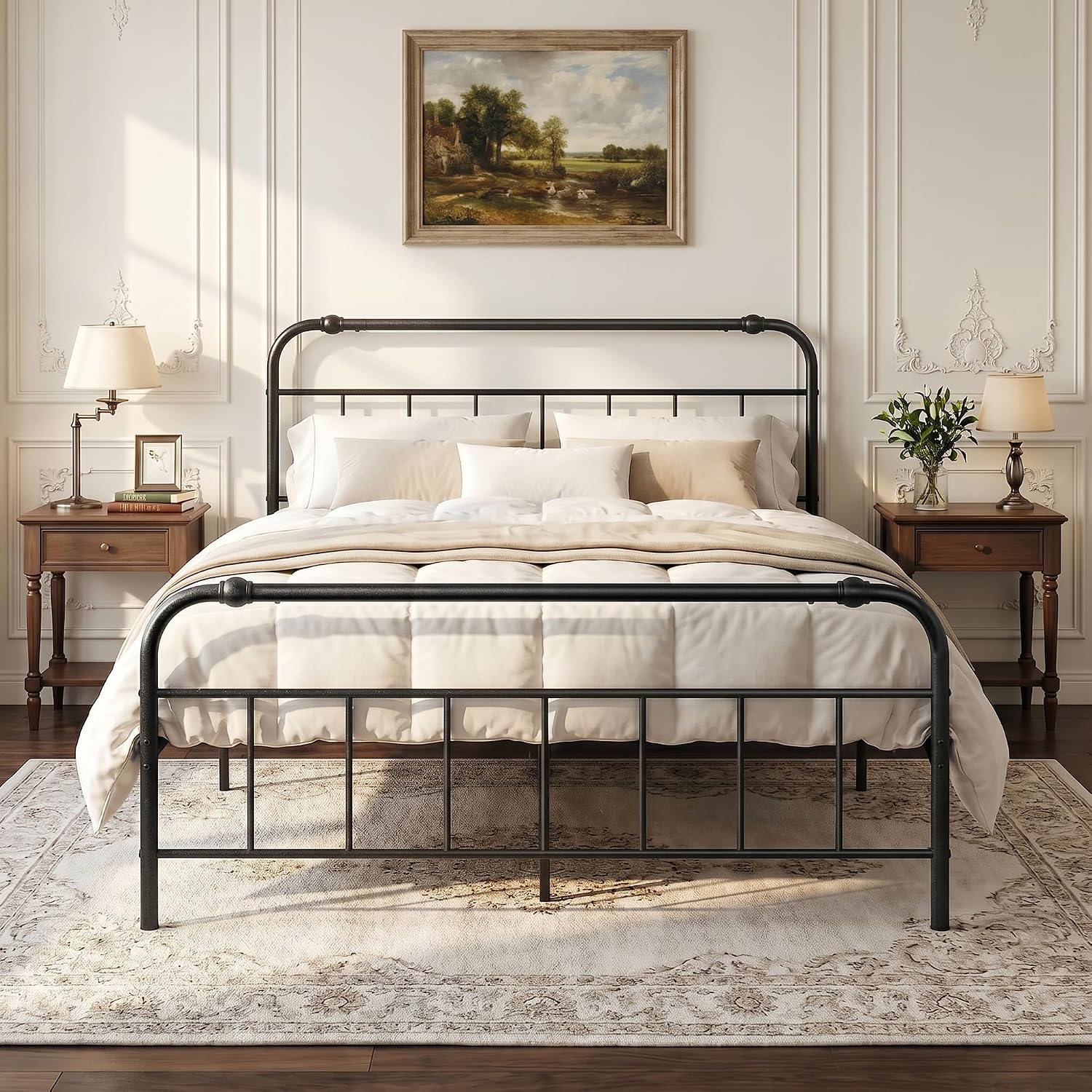 Full Size Metal Bed Frame, Vintage Iron-Art Headboard & Footboard, Heavy-Duty Iron Platform Bed (No Box Spring), Easy Assembly,Noise-Free Design, Matte Black